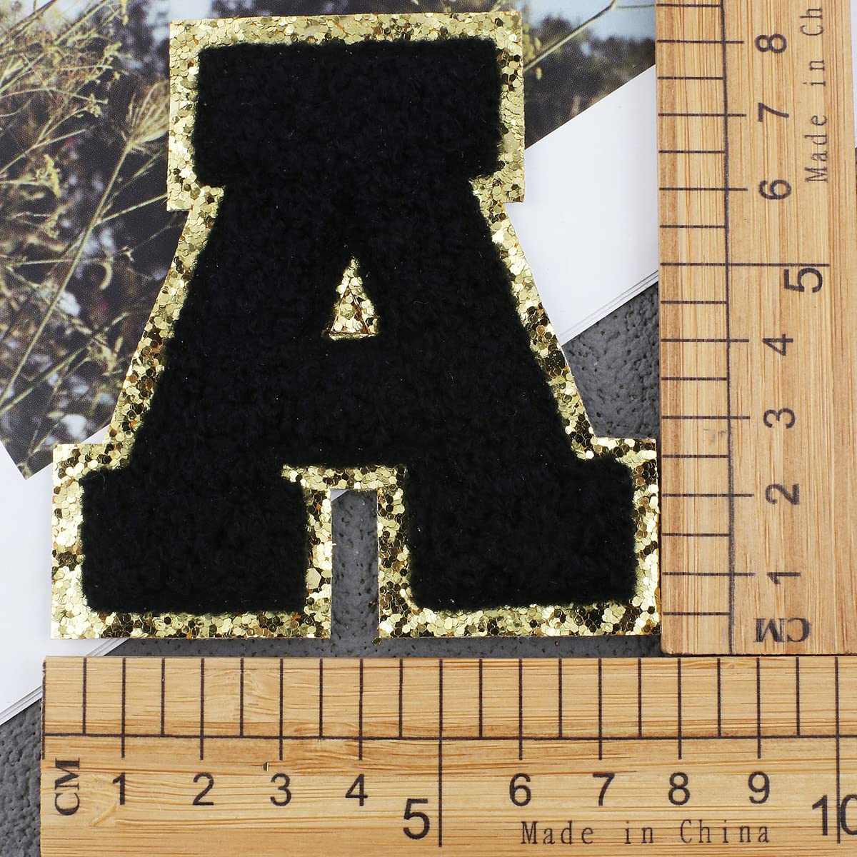 **A-Z Chenille Embroidered Letter Patches with Gold Sequins Edge - 26PCS Iron On & Sew On Alphabet Appliques for Hats, Jackets, Shirts, Vests, Jeans - Perfect for DIY Customization, Fashion Repair & Personalized Gifts (Black)**