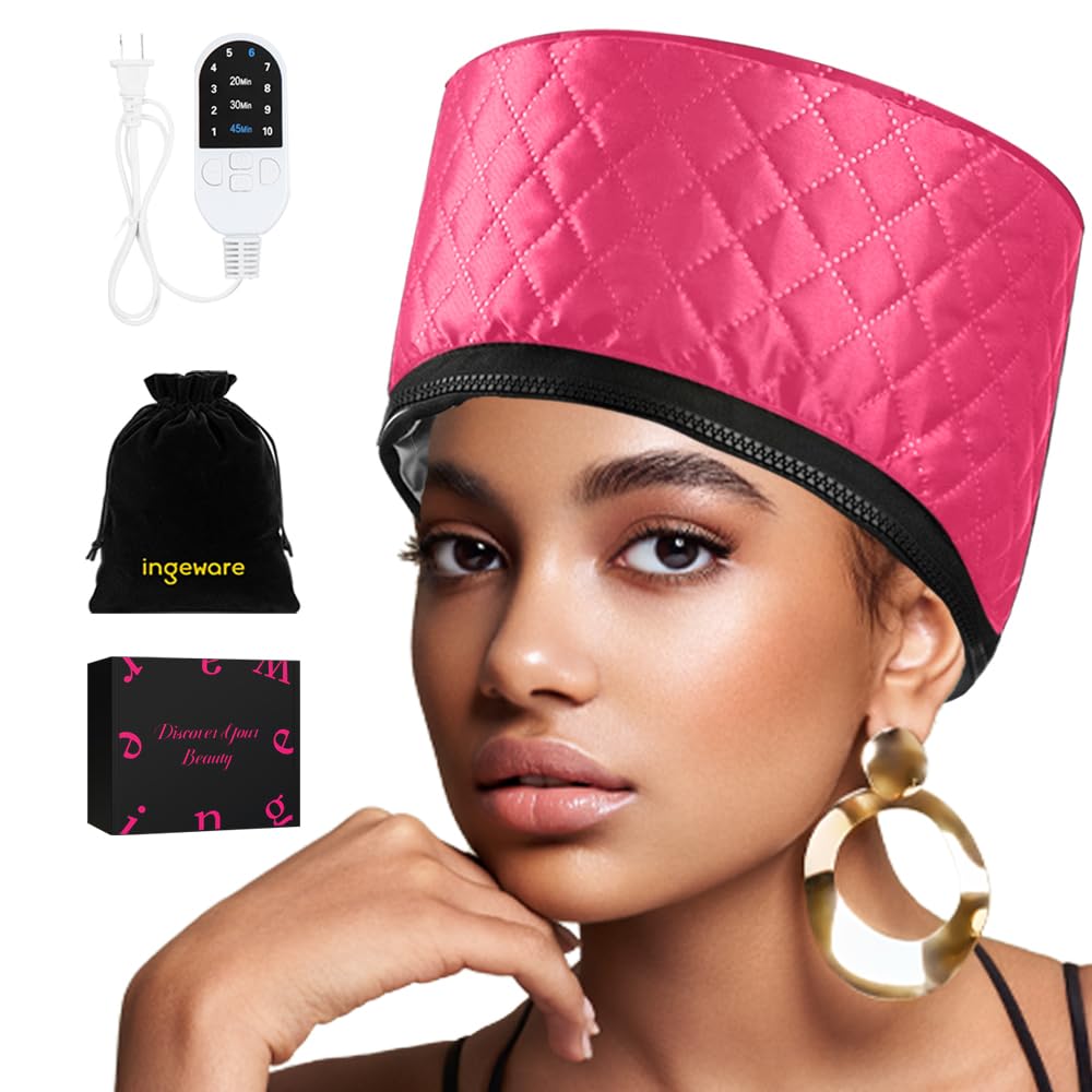 **Ingeware Electric Heat Cap for Deep Conditioning - Thermal Hair Steamer Cap for Natural & Damaged Hair - Portable Home Hair Spa Treatment (Rose Red) - Perfect for At-Home Hair Care & Salon Treatments**