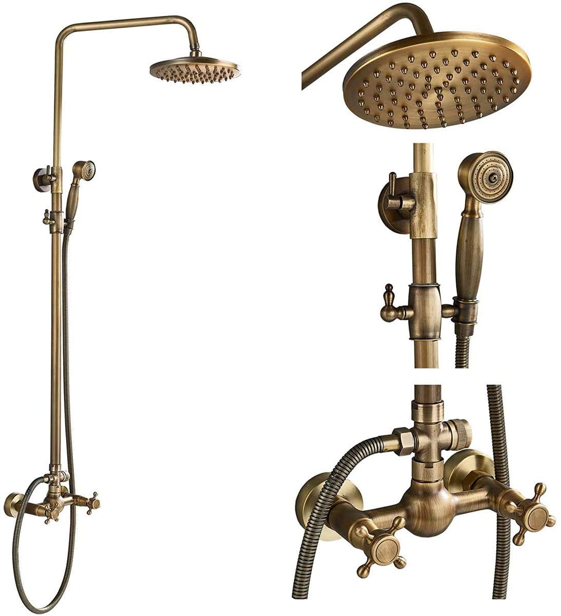 Antique Brass Shower Faucet System Set - 8 Inch Rainfall Shower Head & Handheld Spray with 2 Knobs Mixing Valve - Perfect for Bathroom Renovation & Luxury Spa Experience