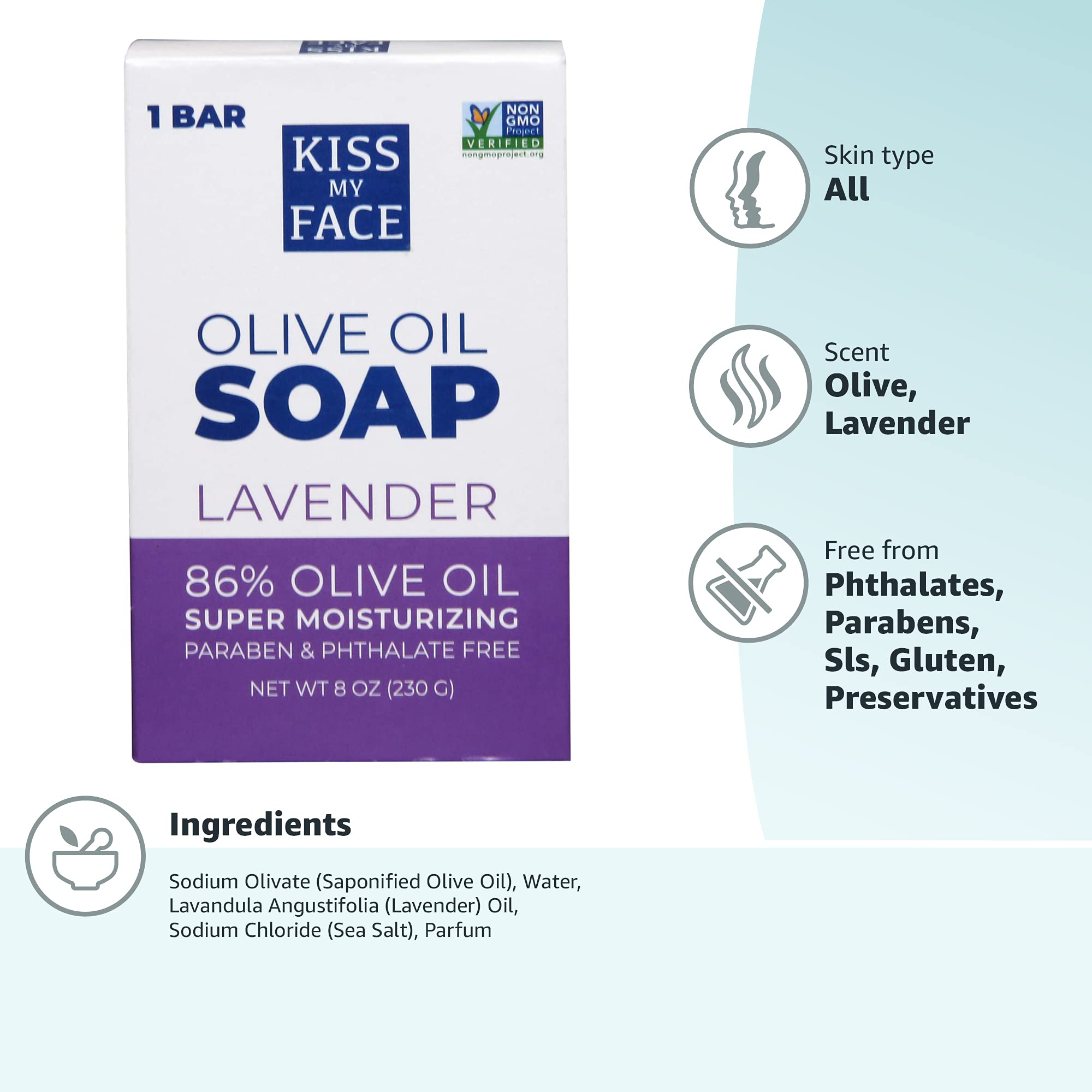 Kiss My Face Olive Oil Bar Soap - 8 Oz, Vegan & Non-GMO Certified, Antioxidant Rich Moisturizing Soap with Olive & Lavender | Perfect for Sensitive Skin, Daily Cleansing & Spa Relaxation