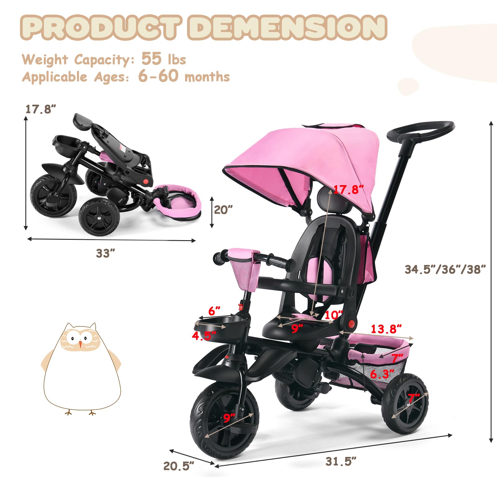 8-in-1 Foldable Kids Tricycle with Removable Canopy & Parent Push Handle - 360° Swivel Seat, EVA Wheels & Storage Basket - Pink Toddler Bike Stroller for Boys Girls Ages 1-5 Years - Perfect for Park Rides, Neighborhood Walks & Outdoor Family Adventures