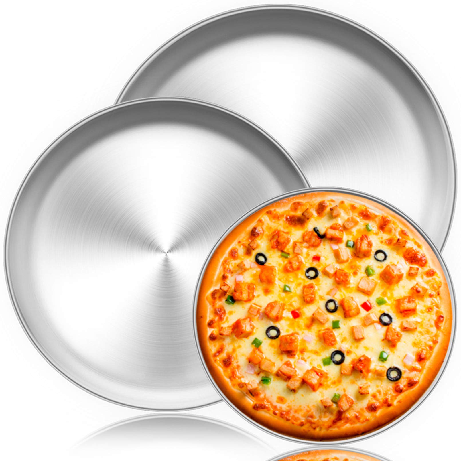 TeamFar 3-Piece Stainless Steel Pizza Pan Set (10”, 12”, 13.4”) - Heavy Duty, Rust-Free Baking Pans for Oven, Dishwasher Safe - Perfect for Home Kitchen, Restaurant & Outdoor Pizza Parties