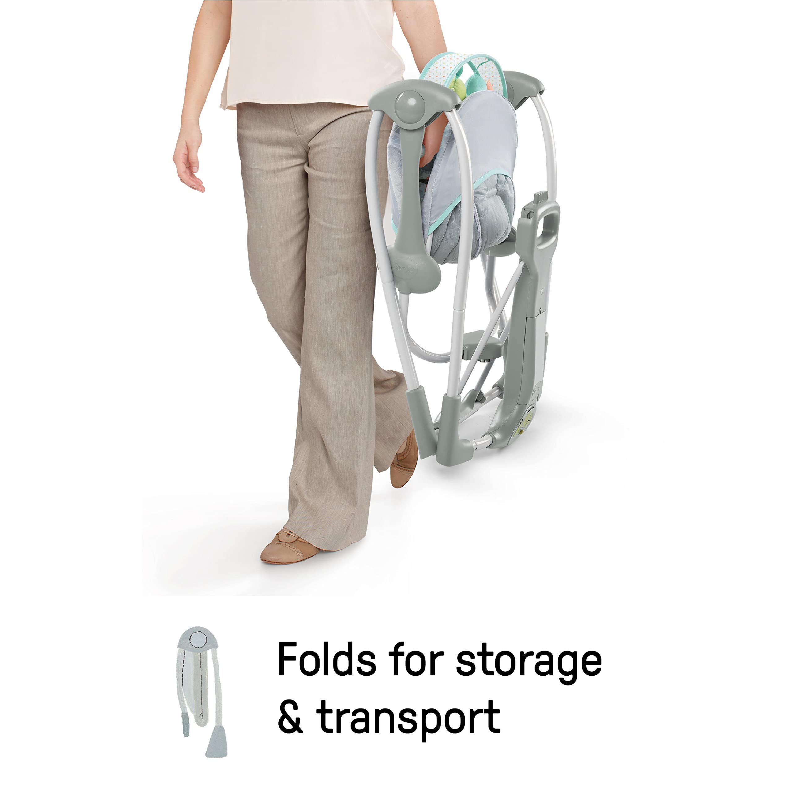 Ingenuity Swing 'n Go 5-Speed Baby Swing - Foldable, Portable Infant Swing with 2 Plush Toys & Soothing Sounds for Newborns 0-9 Months (6-20 lbs) | Perfect for Nursery, Travel & On-the-Go Parents (Hugs & Hoots)