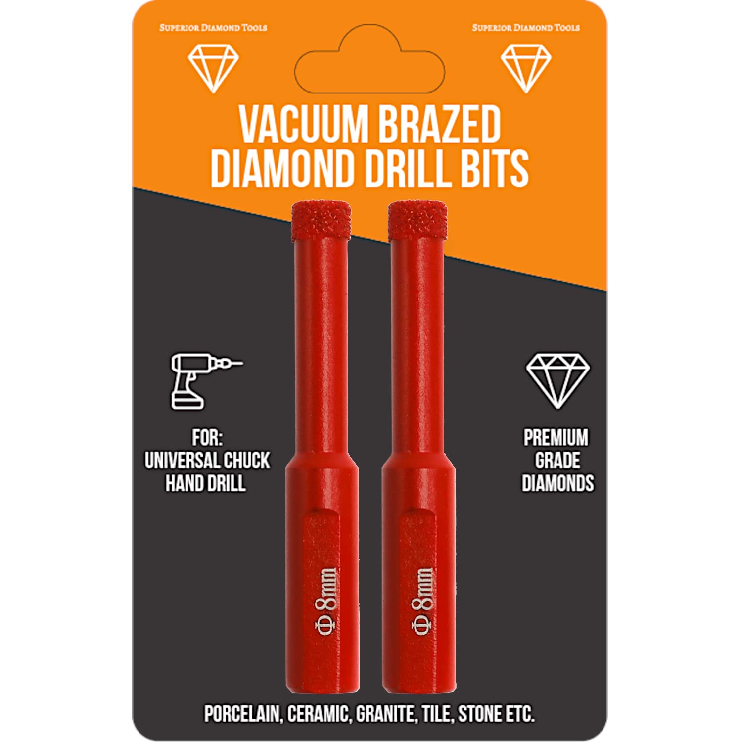 Diamond Drill Bits for Tile, Ceramic & Porcelain - 2 Pack 5/16'' (8mm) Triangle Shank - Professional Stone Drilling Tools - Perfect for Bathroom Renovation, DIY Projects & Masonry Work