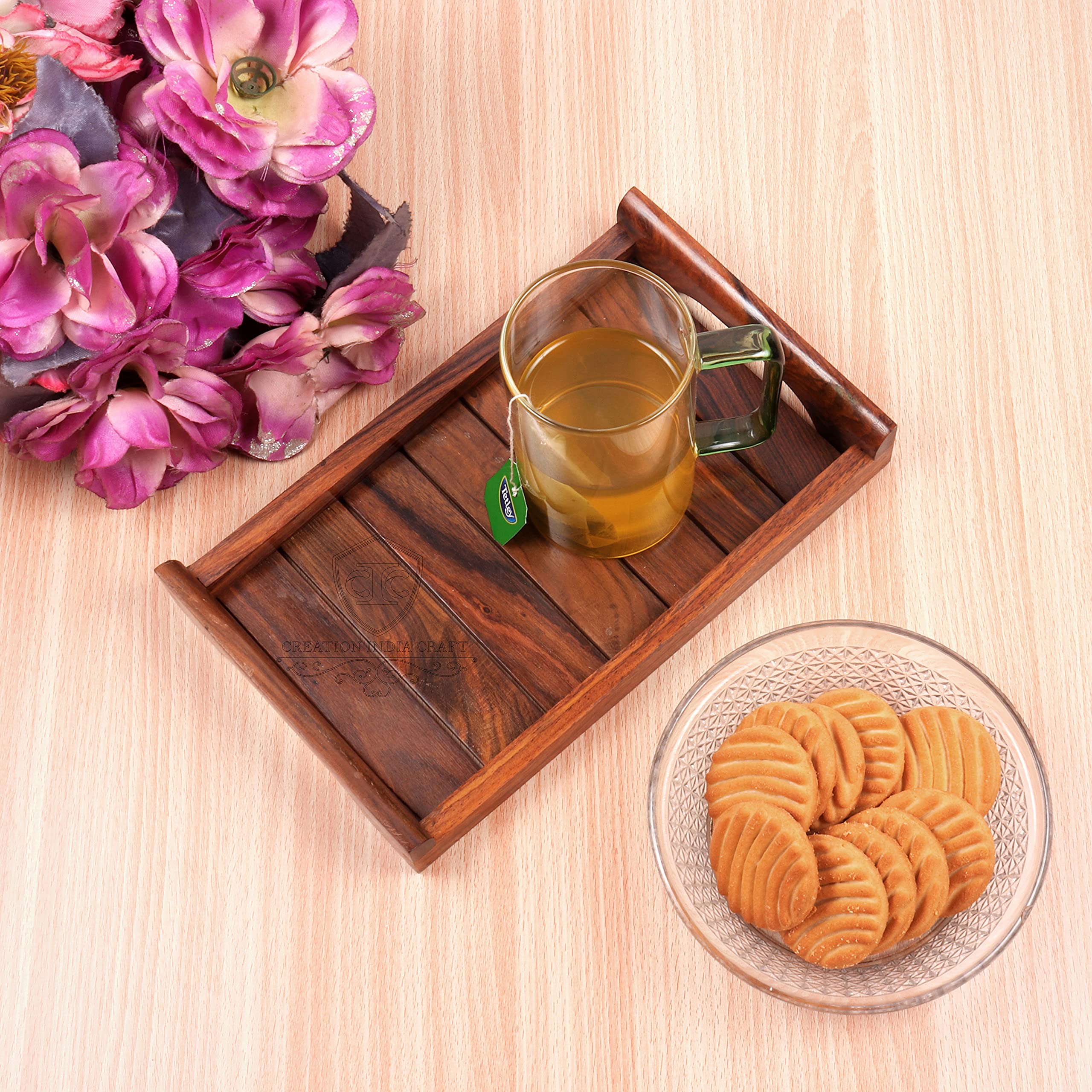 Handmade Sheesham Wood Serving Tray - Rectangle Dining Table Tray for Breakfast, Coffee & Decor | Eco-Friendly Indian Craft | Perfect Housewarming Gift (1-Pack) | Ideal for Brunch, Tea Parties & Home Decor
