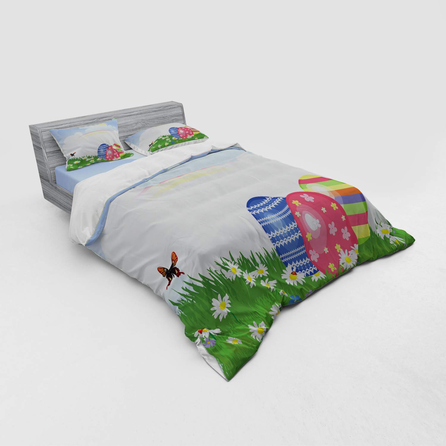 Ambesonne Easter Duvet Cover Set - 4 Piece Queen Size Bedding with Shams & Fitted Sheet, Floral Butterfly Rainbow Design, Spring Nature Theme for Seasonal Home Decor | Perfect for Easter Celebrations, Spring Bedroom Refresh, and Gift Giving