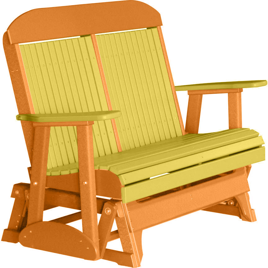 LuxCraft 4 ft. Yellow Recycled Plastic Highback Outdoor Glider Bench - Durable & Eco-Friendly Patio Seating for Garden, Porch, and Backyard Relaxation