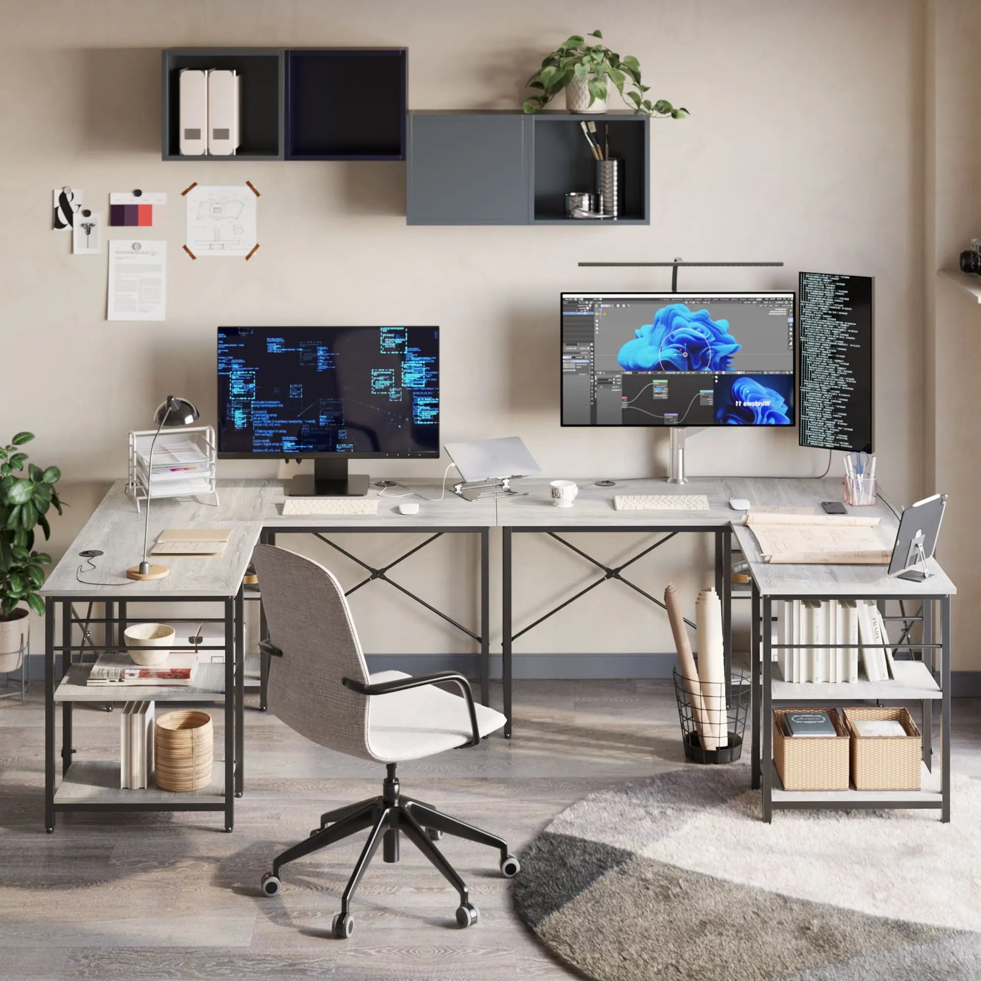 Bestier 86 Inch L-Shaped Computer Desk for Two - Home Office Gaming & Workstation with Large Workspace - Perfect for Couples, Roommates & Small Spaces
