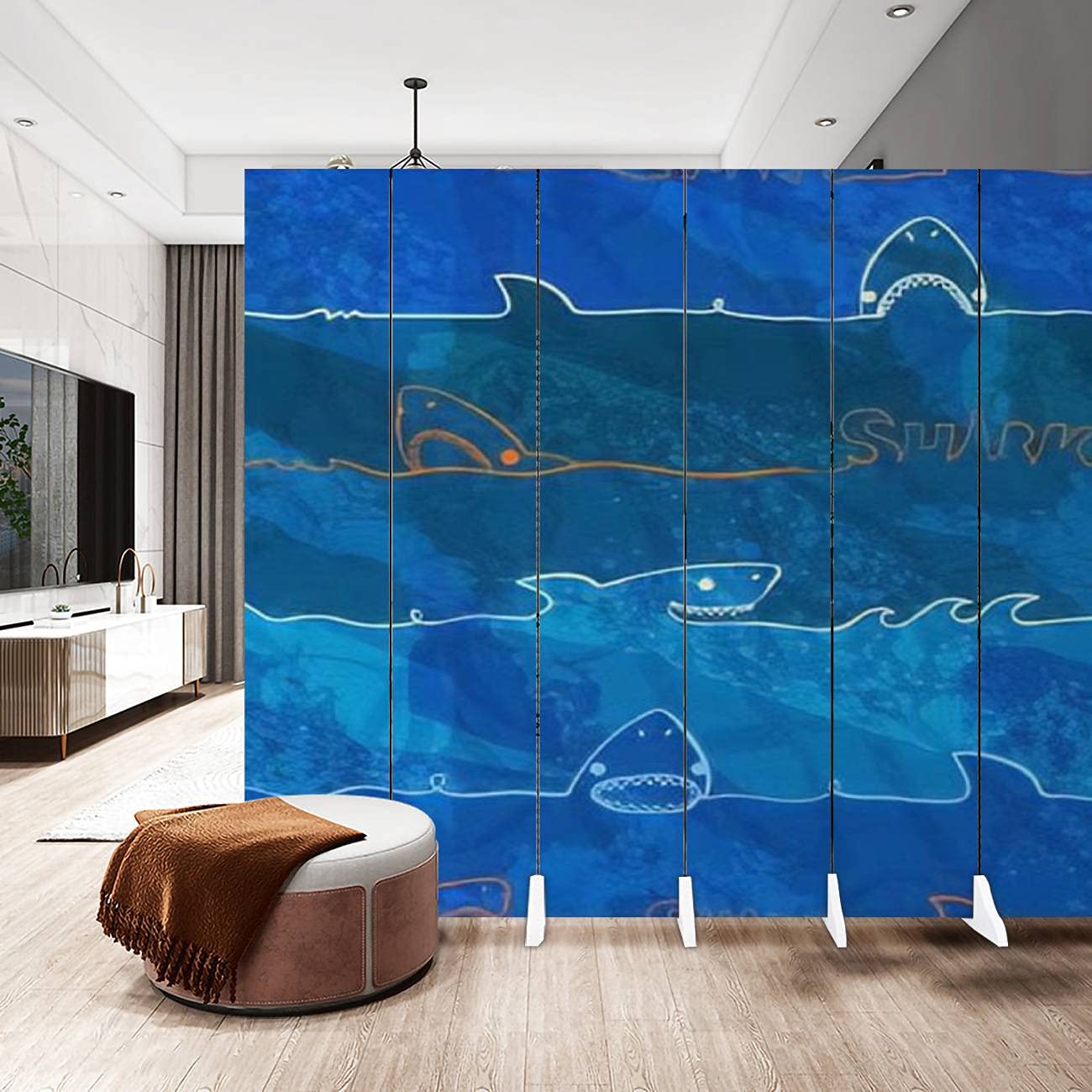 6-Panel Canvas Room Divider Screen - Abstract Shark Pattern Underwater Life Design in Grunge Blue | Folding Privacy Partition for Home, Office & Events | Perfect for Room Separation, Decoration & Space Organization
