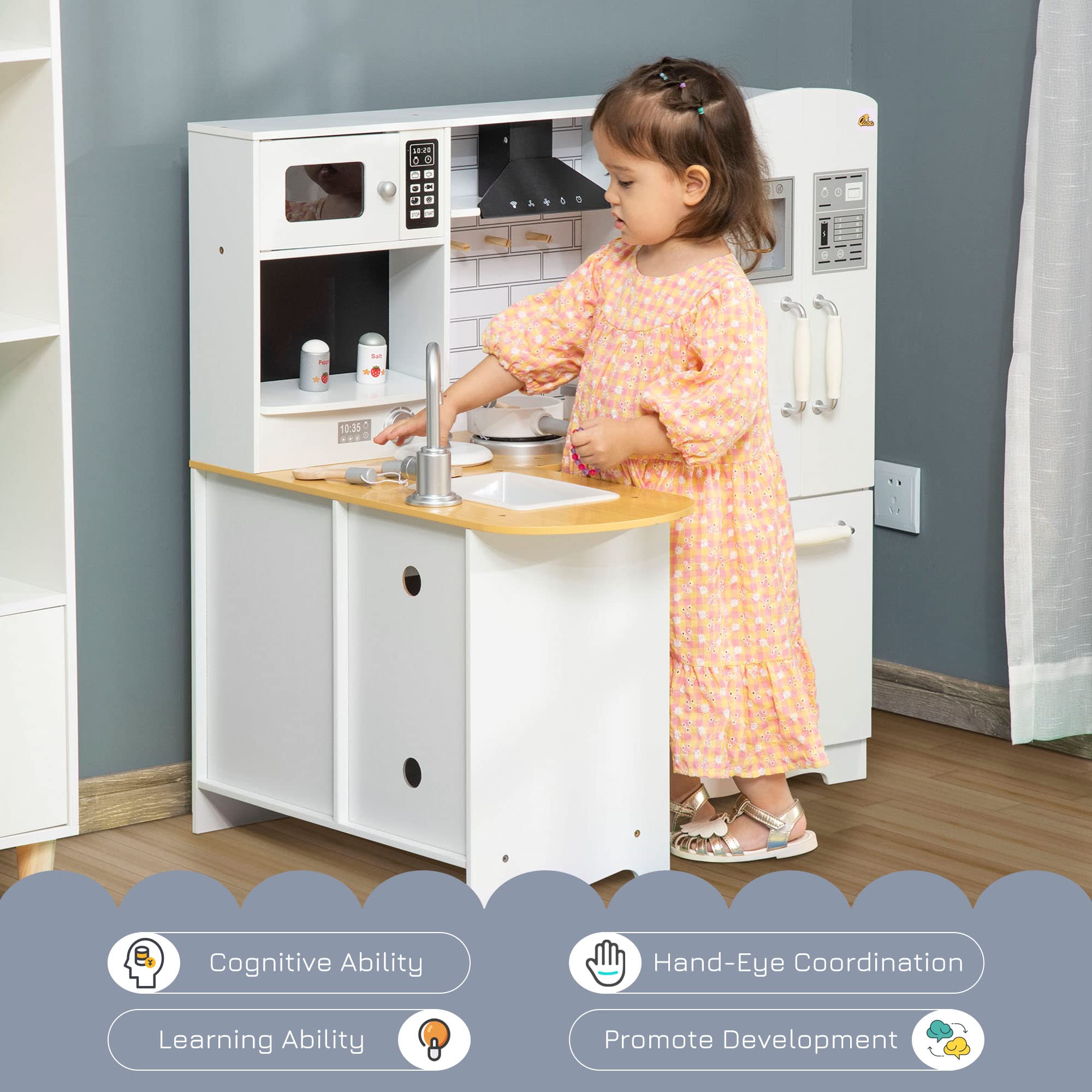 Qaba Corner Kitchen Playset with Cooking Set, Realistic Kids Kitchen with Range Hood, Microwave, Oven, Stove, Refrigerator & Telephone, Interactive Pretend Play Kitchen with Sound Effects for Toddlers - Perfect for Home Playroom & Preschool Learning