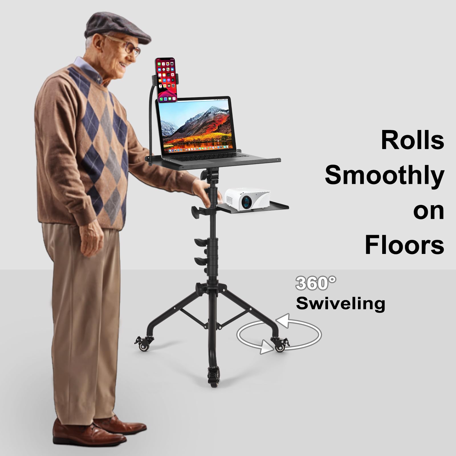 Adjustable Laptop Tripod Stand on Wheels with 2 Shelves & Phone Holder - Portable Projector Floor Stand (25.9 to 51.8 Inch Height) - Perfect for Home Office, Classroom Presentations & Mobile Workstations