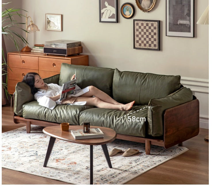 Premium Black Walnut Solid Wood Genuine Leather Sofa - Handcrafted Fabric Sofa for Living Room, Lounge & Office - Modern Comfort Furniture for Home Decor