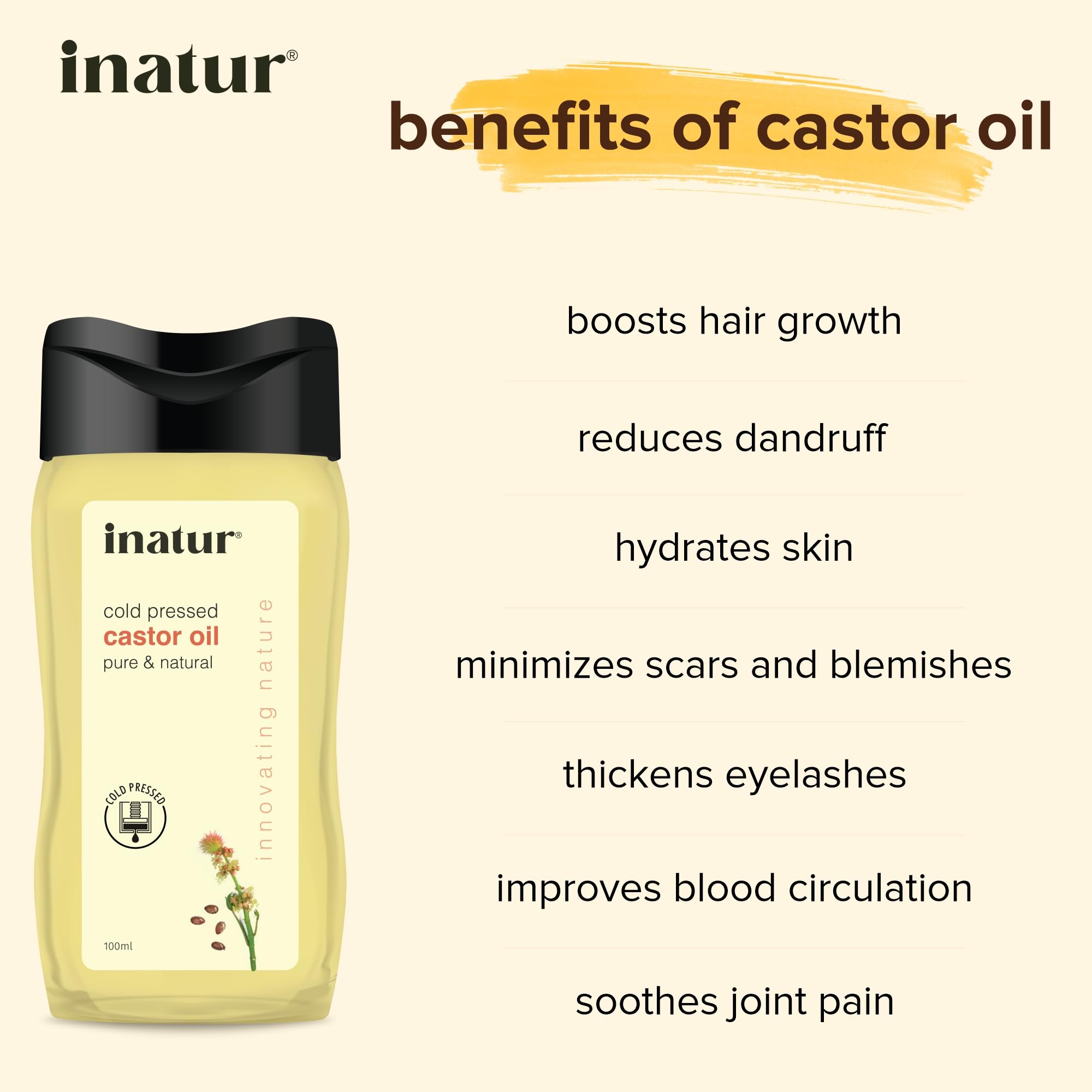 100% Pure Cold Pressed Castor Oil 100ml - Organic & Natural Hair Growth Oil for Eyebrows, Eyelashes, Scalp & Skin Care | Nourishes Dry Skin, Strengthens Hair & Nails | Perfect for DIY Beauty Treatments & Nighttime Hair Masks