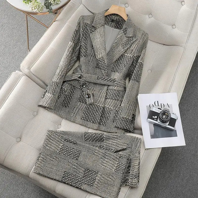 2024 Vintage Gray Patchwork Women's Elegant Button Long Sleeve Blazer & High Waist Pants Two-Piece Set - Autumn Winter Fashion Outfit for Office, Party & Casual Wear