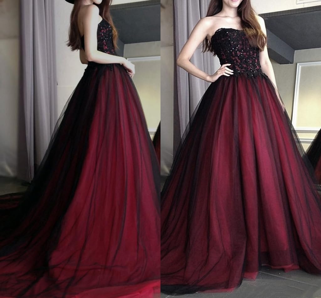 Elegant Gothic Beaded Black Lace Long Tulle Ball Gown Wedding Dress with Train - Sweetheart Neckline Prom Dress for Brides, Formal Events & Gothic Themed Parties