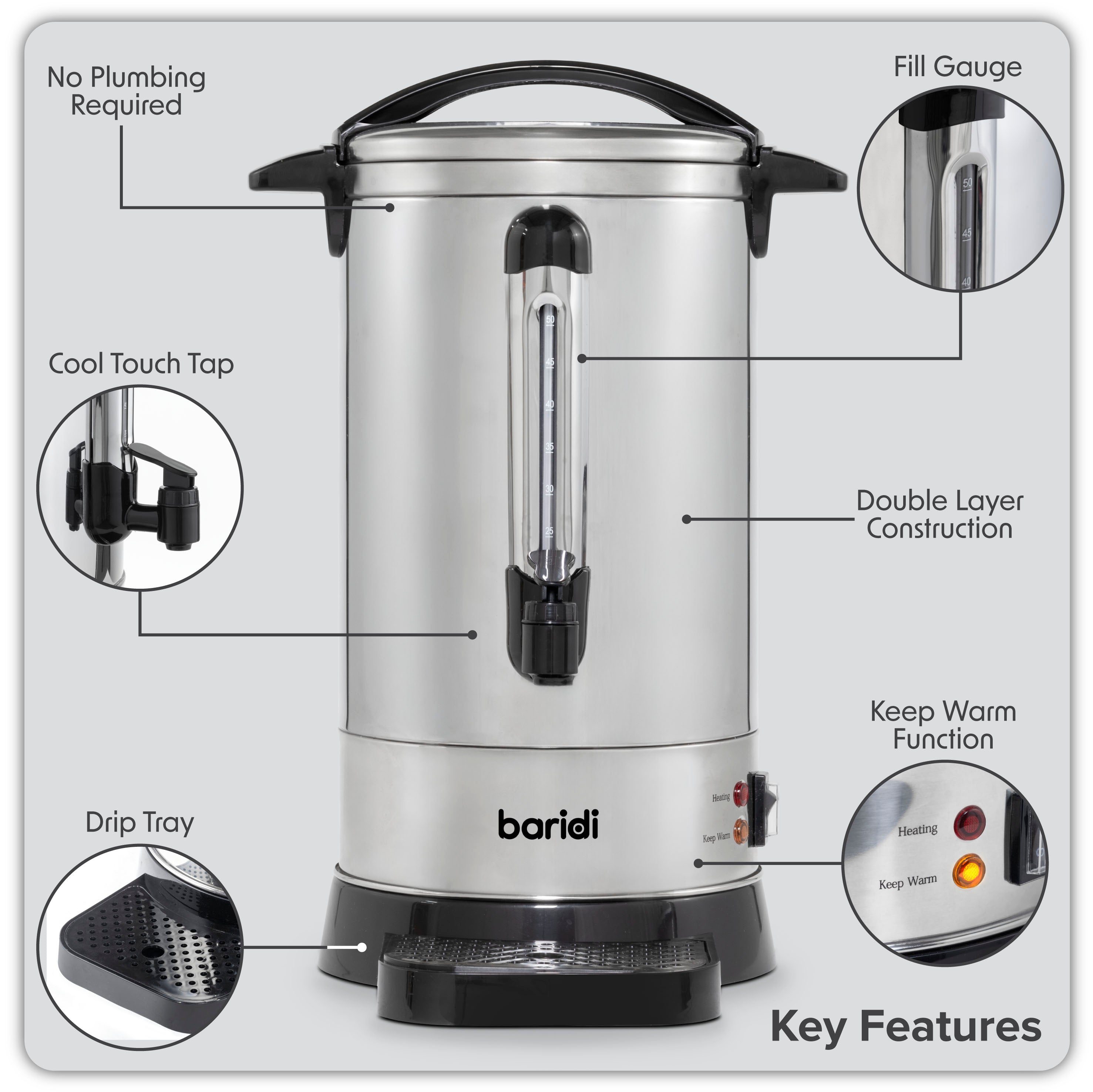 Baridi 10L Stainless Steel Hot Water Boiler & Tea Urn with Drip Tray - Keep Warm Function for Coffee, Tea & Catering - Perfect for Restaurants, Cafes & Events