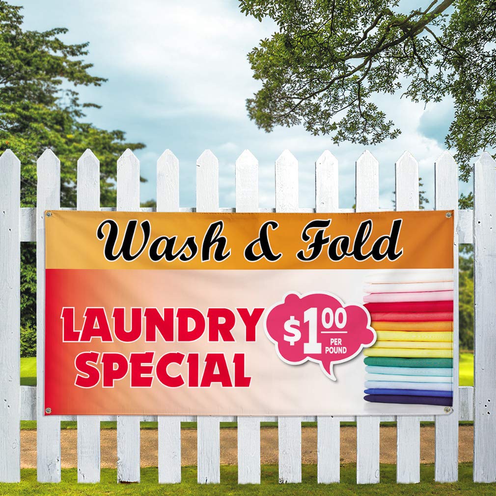 Wash & Fold Laundry Business Vinyl Banner - Weatherproof Outdoor Yard Sign with 8 Grommets (48x96 Inches) - Multiple Sizes Available for Commercial & Industrial Use - Perfect for Laundry Services, Dry Cleaners & Retail Promotions