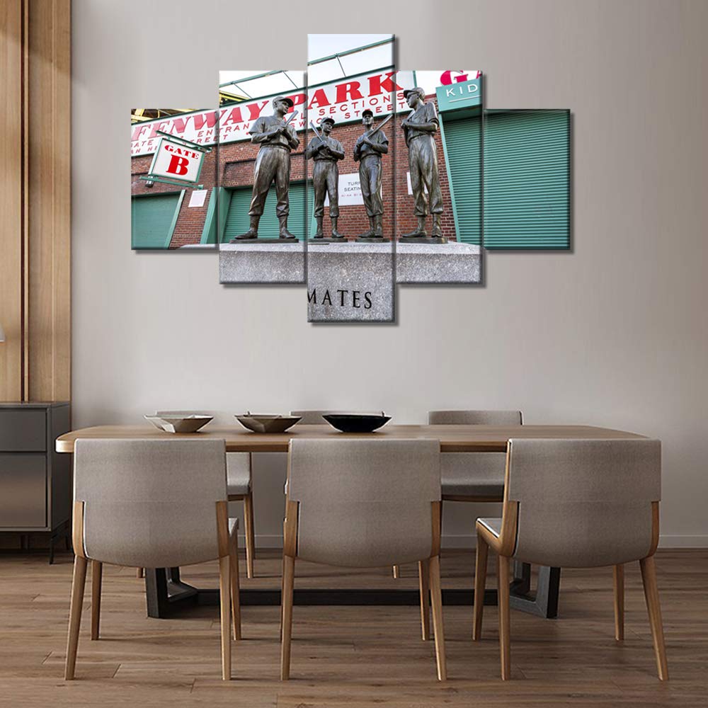 TUMOVO Boston Baseball Stadium Wall Art - 5 Panel Framed Canvas Prints of Baseball Field Pictures & Bronze Statue Monuments - Modern Home Decor for Living Room, Bedroom, Office (60