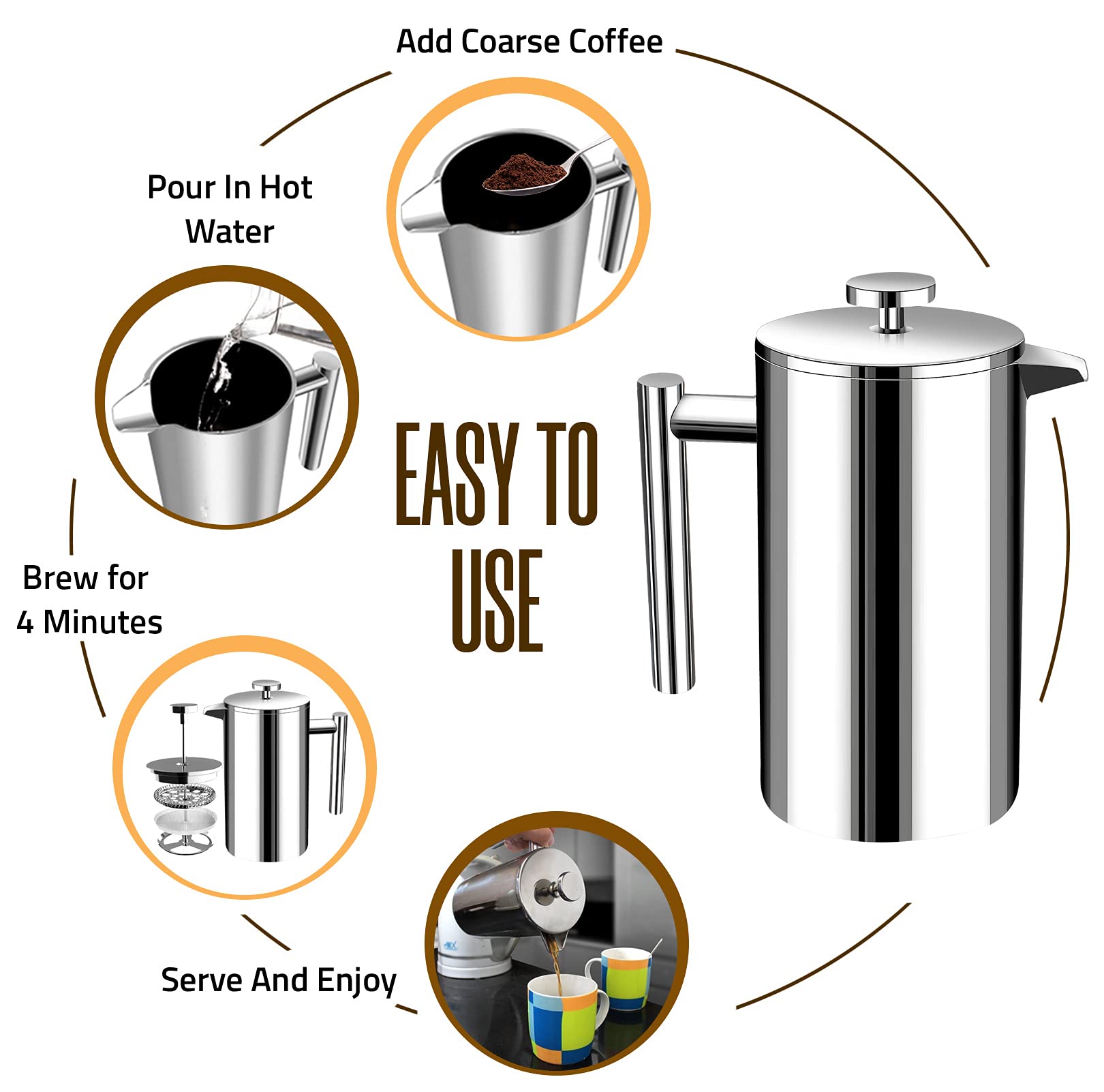 KICHLY 34oz Stainless Steel French Press Coffee Maker - Double Wall Insulated Coffee & Tea Maker with Stainless Steel Plunger - Keeps Hot for Hours - Perfect for Home, Office & Camping (Silver)