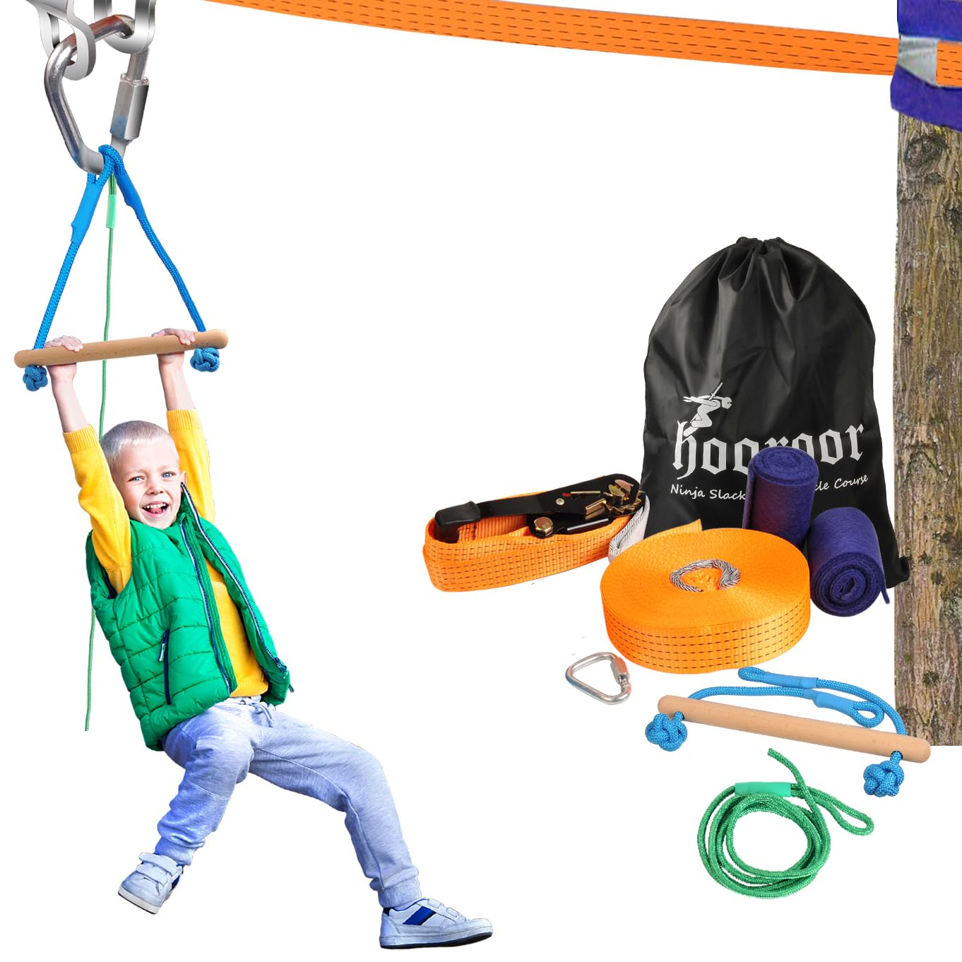 Hooroor Slackline Pulley Kit with 52FT Zipline & Monkey Bars - Complete Ninja Warrior Obstacle Course Set for Kids and Adults - Backyard Outdoor Play Equipment for Fitness Training, Birthday Parties, and Family Fun Activities