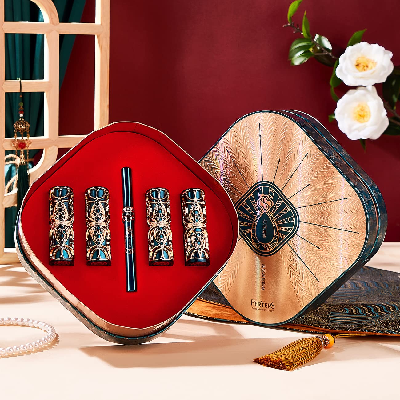 Oriental Ethnic Style Beauty Set - 4 Lipsticks & 1 Eyeliner (3ML) | Perfect Gift for Women | Makeup Palettes for Party, Wedding & Special Occasions