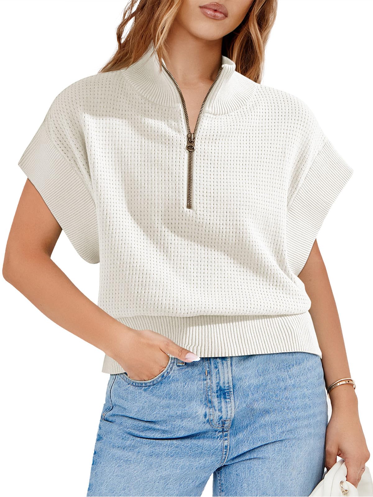 Langwyqu Women's Short Sleeve Cropped Knit Top - Half Zip Pullover, Lightweight Oversized Sweater Vest for Spring & Fall Layering | Casual Outfits, Streetwear Fashion