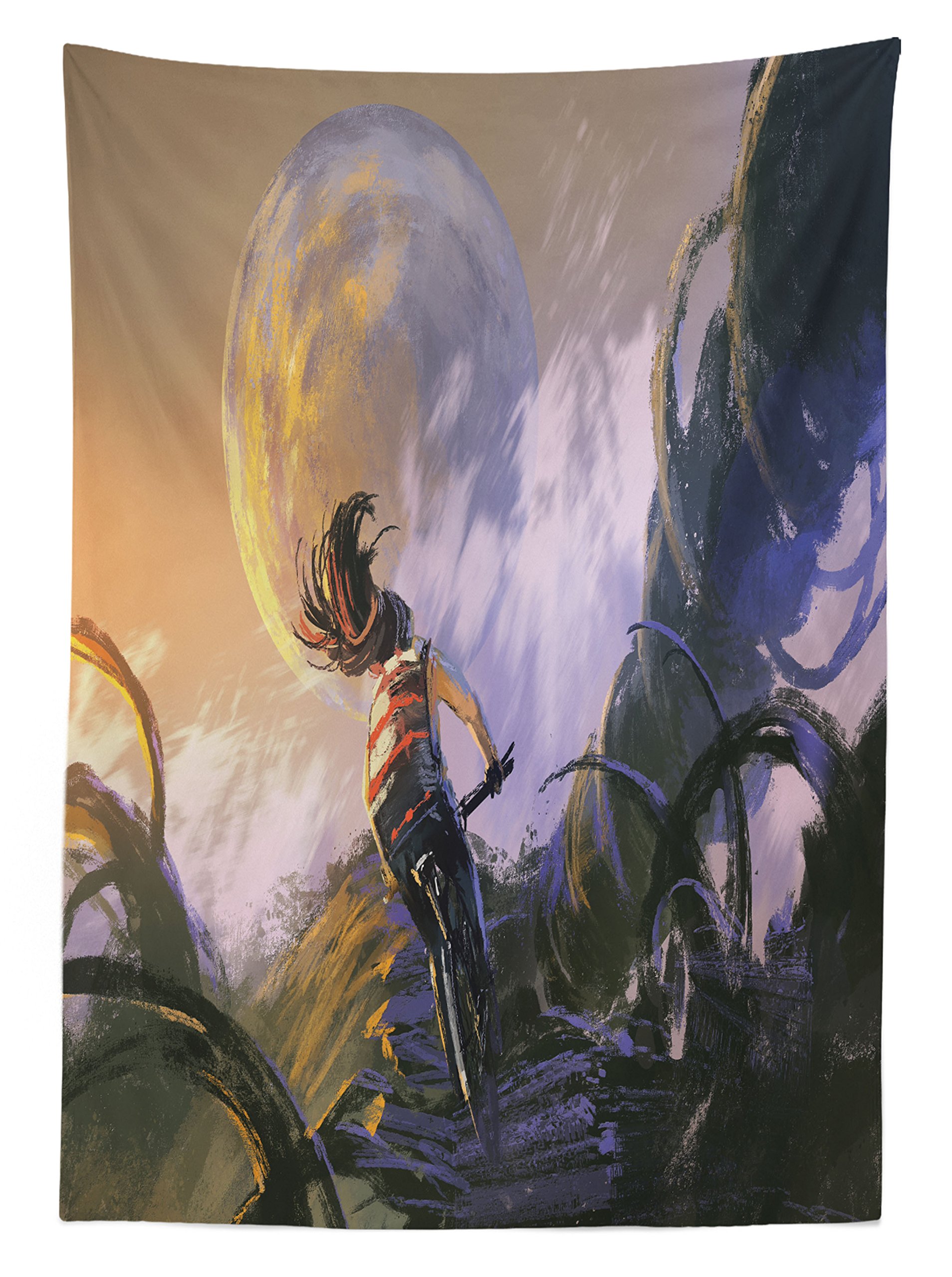 Fantasy Outdoor Tablecloth - Hippie Moon Bike Ride with Spiral Black Rocks Print, Washable Picnic Table Cover 58x84 Inches, Purple - Perfect for Boho Picnics, Backyard Parties & Outdoor Dining Decor