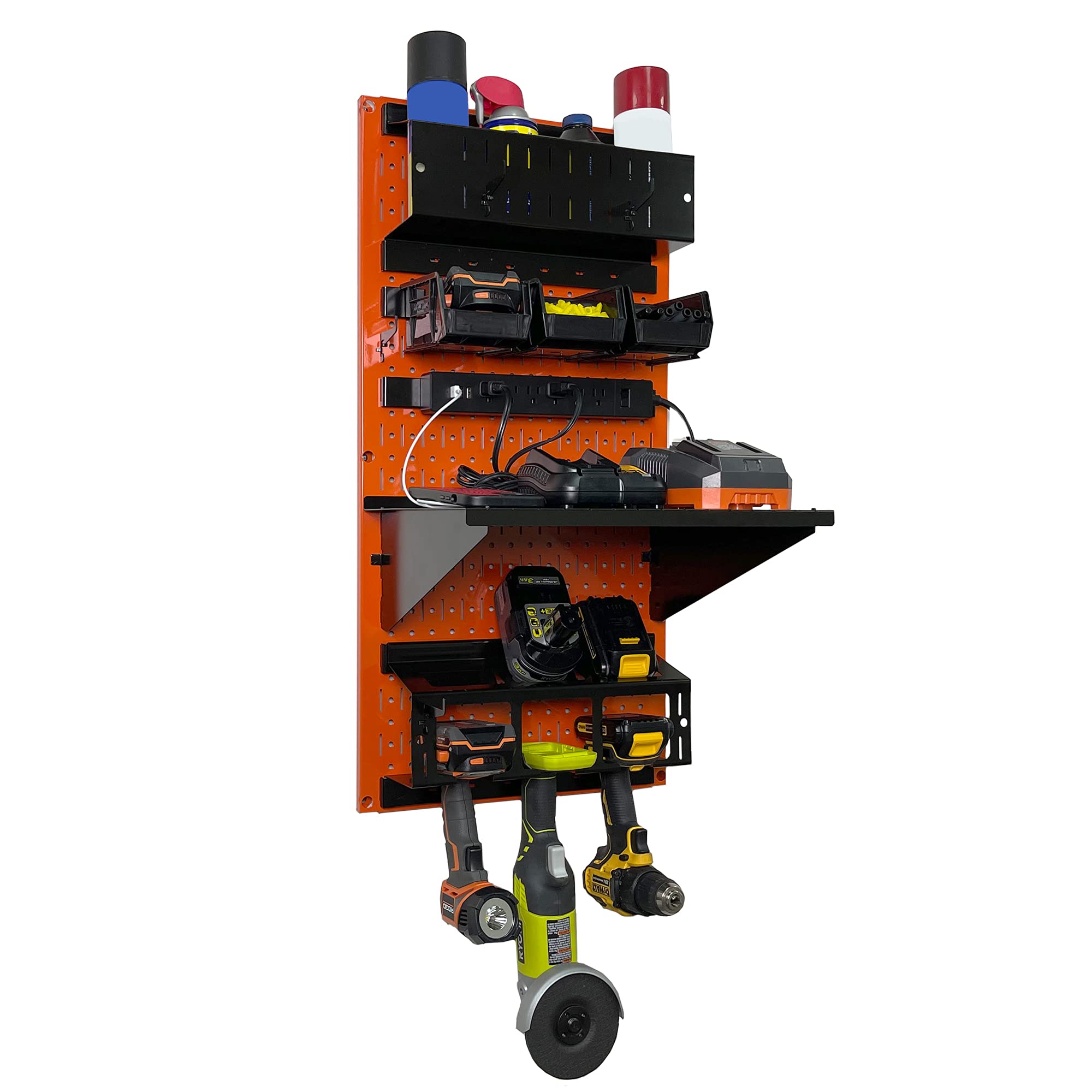 Wall Control Power Tool Storage Organizer Kit - 16”x32” Metal Pegboard with Drill Holder & Charging Station | Heavy-Duty Workshop Organization System for Garage & DIY Projects (Orange)