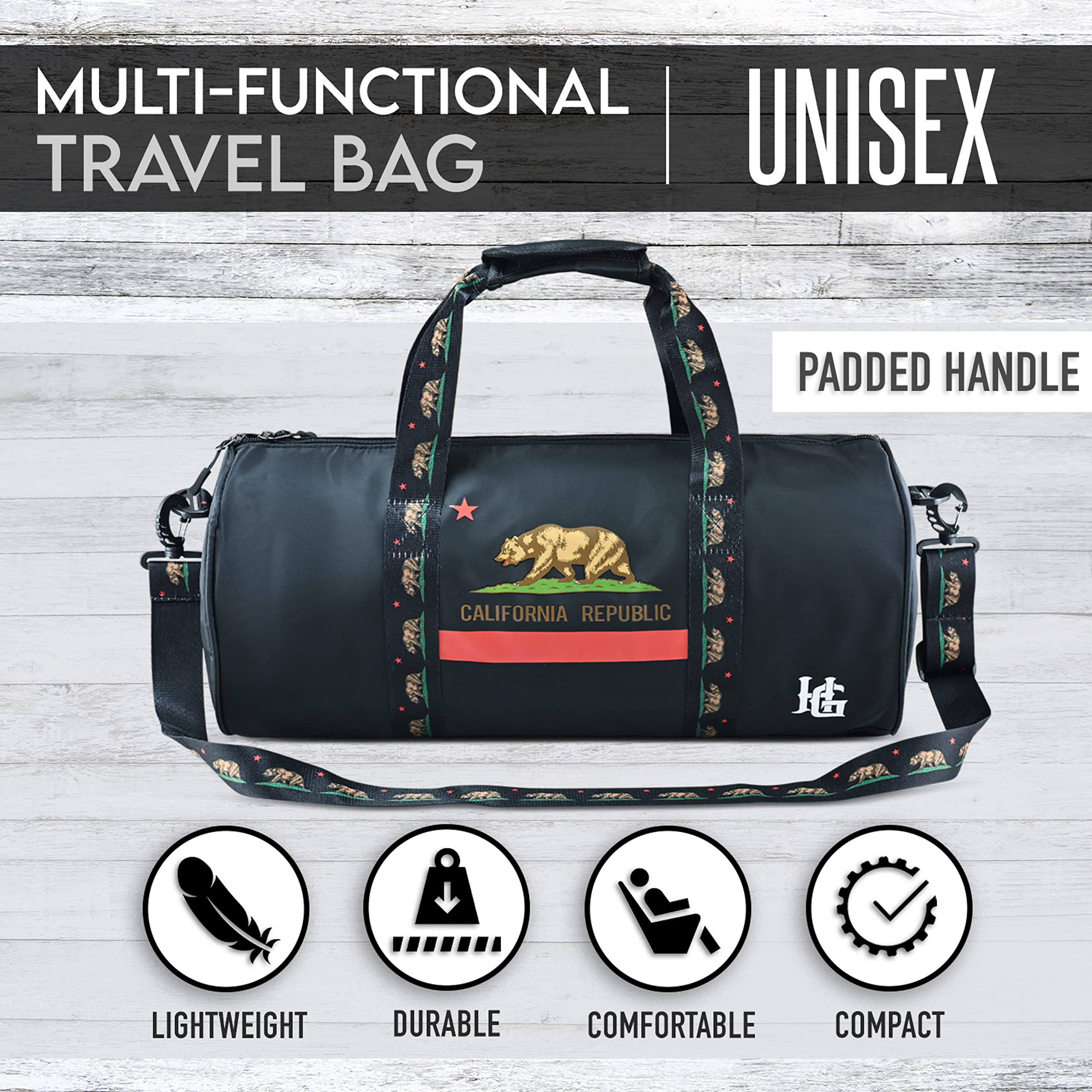 Waterproof Duffle Bag for Travel, Gym & Outdoor Activities - Large Opening, Comfortable Handles - Durable Sports Duffel for Men & Women - Perfect for Camping, Boating & Weekend Getaways (California Republic)