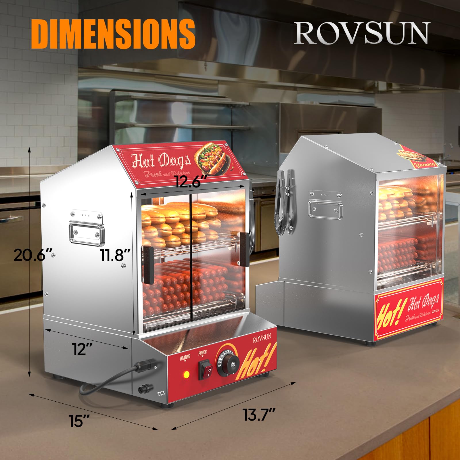ROVSUN 30L Commercial Hot Dog Steamer - 2-Tier Hot Dog & Bun Warmer with Removable Shelves (175 Hot Dogs & 40 Buns Capacity) for Parties, Events & Concession Stands - Perfect for Catering, Food Trucks & Stadium Snack Bars