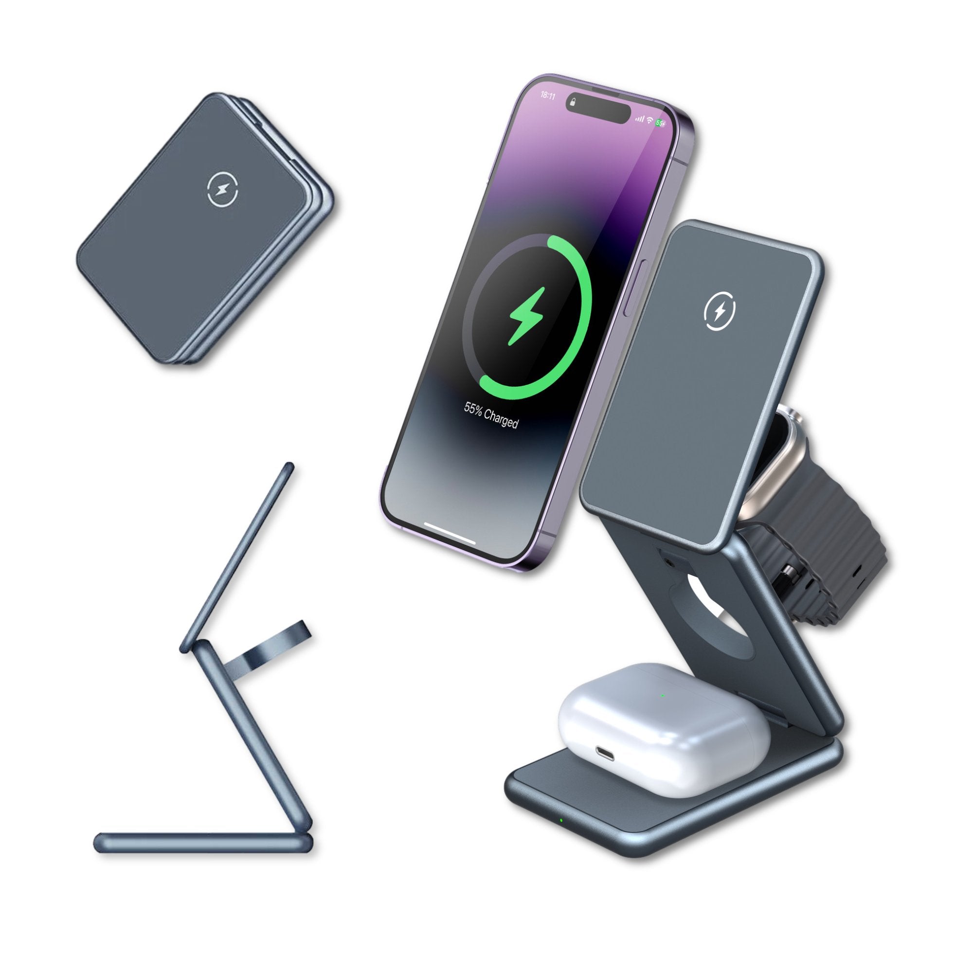 Moderno MagLink Pro 3-in-1 Foldable MagSafe Charging Stand for iPhone, Apple Watch & AirPods - Fast Wireless Charger for Home, Office & Travel