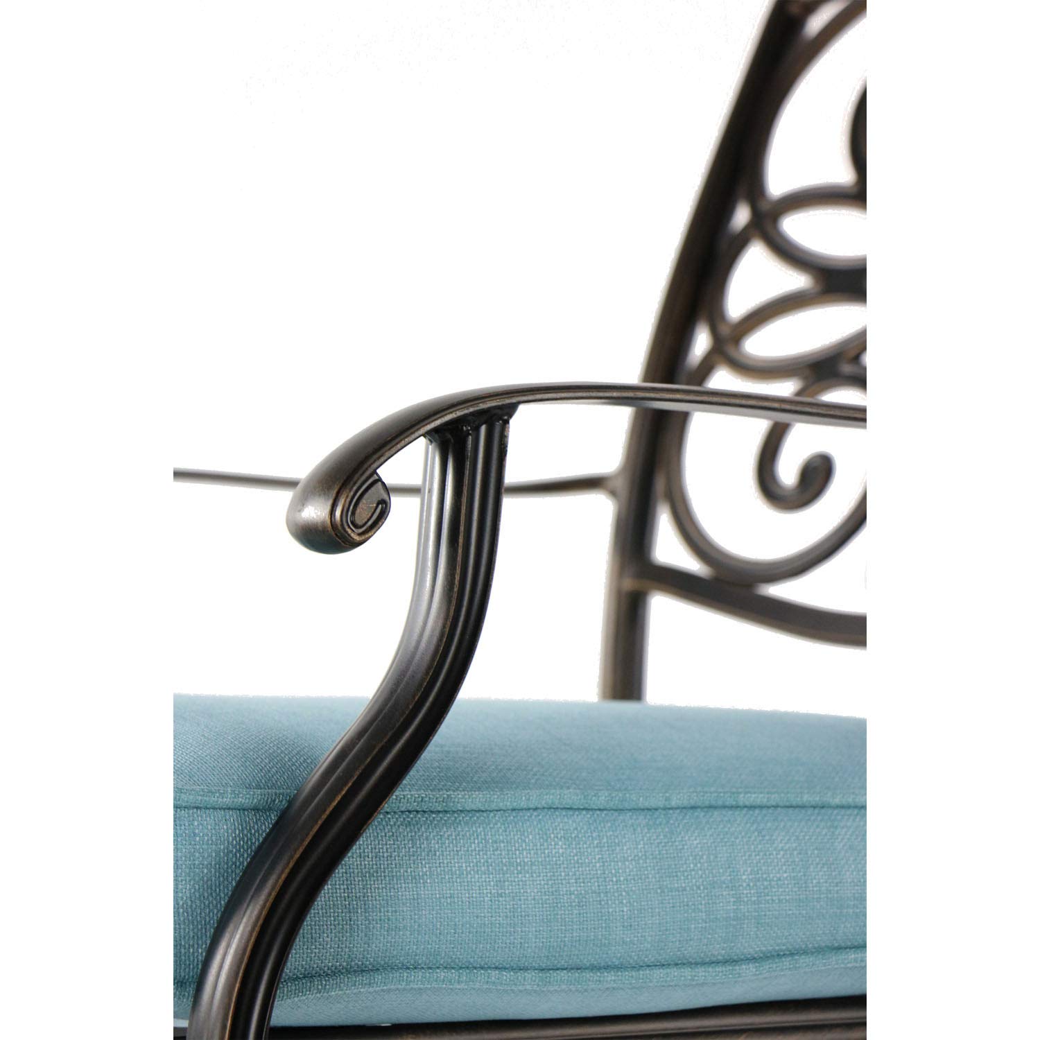 Hanover Monaco 5-Piece Outdoor Patio Set with 4 Blue Cushioned Swivel Rocker Chairs & 51