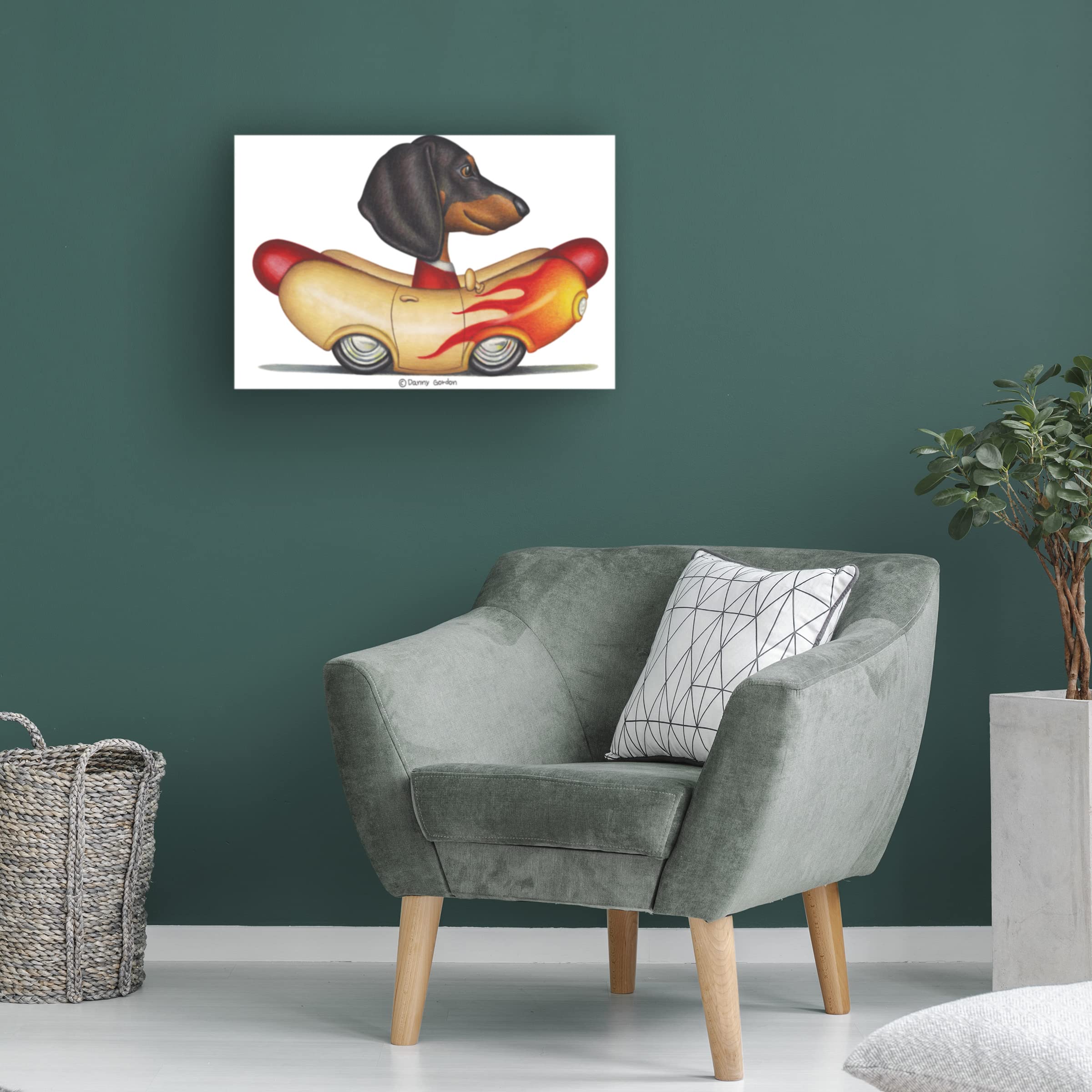 Danny Gordon Art - Black Dachshund Flaming Hotdog Car Canvas Print | Modern Pop Art Decor for Living Room, Bedroom & Office | Unique Gift for Dog Lovers