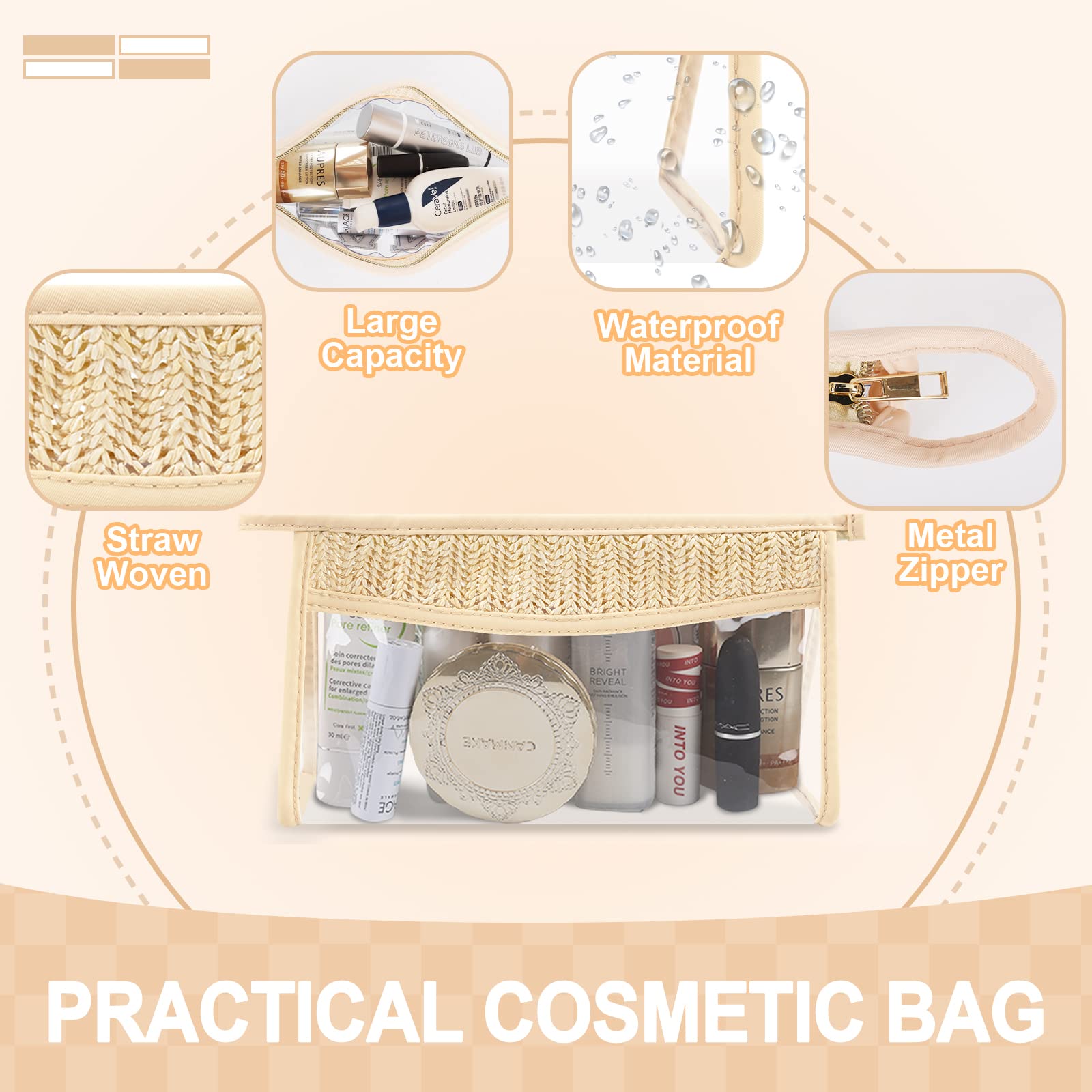 2 PCS Small Boho Straw Clear Makeup Bags for Women & Girls | Zipper Cosmetic Bag with Chenille Varsity Letter Patch | Preppy Cute Toiletry Pouch | Trendy Organizer Storage Bag for Beach, Travel, Gym & Daily Essentials