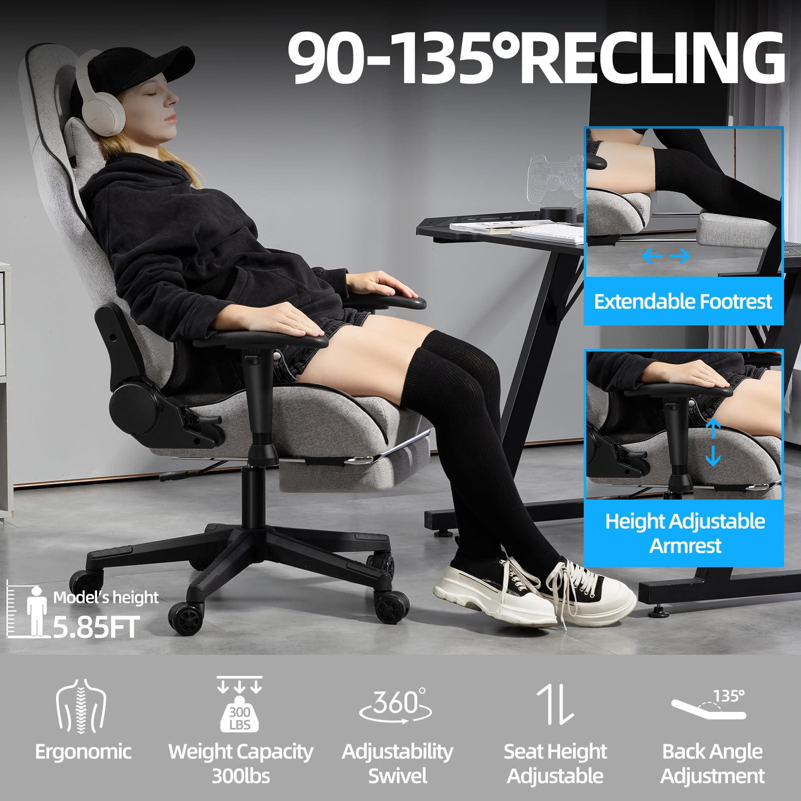 Premium Gaming Chair with Pocket Spring - Ergonomic High Back Office Chair with Massage & Footrest, Adjustable Armrest & Headrest - Reclining Computer Desk Chair for Racing Games & Long Work Sessions (Grey) - Perfect for Home Office, Gaming Setup & Streaming Studios