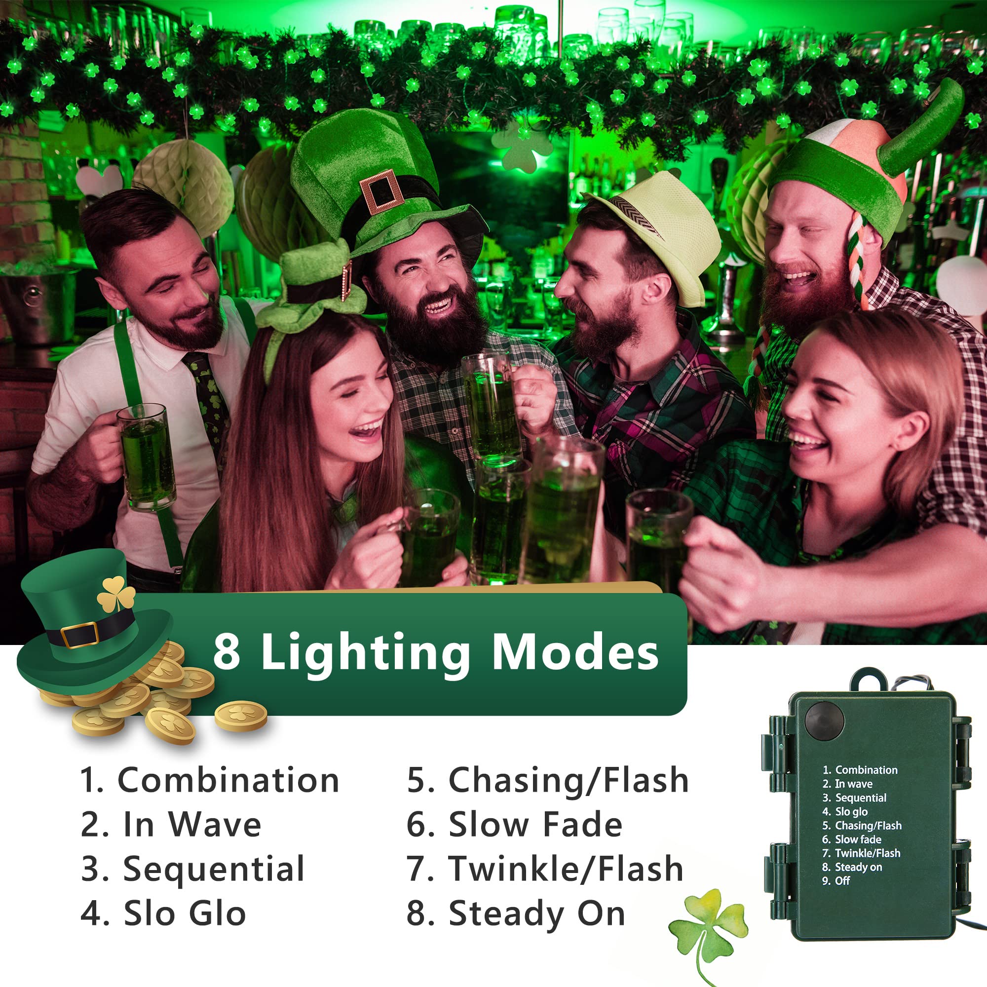 ODEETRONIC 2 Sets Shamrock String Lights - 32.8ft 100 LED Green St. Patrick's Day Lights with Timer & 8 Modes | Battery Operated Green Wire Fairy Lights for Indoor/Outdoor Decor | Perfect for St. Patrick's Day Party, Home, Garden, Wedding, and Holiday Decorations