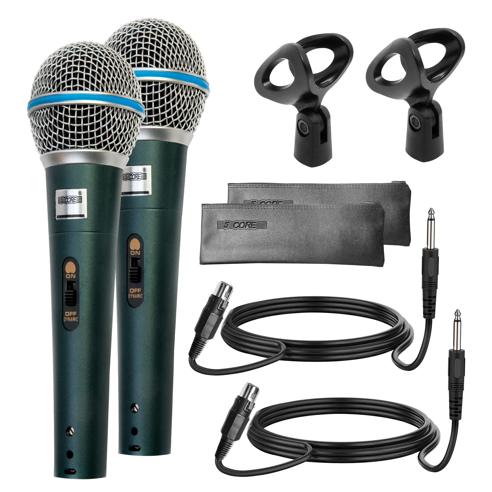 5-Core Professional Karaoke Microphone Set - Dynamic Handheld Mic with Cardioid Unidirectional Pickup, On/Off Switch, XLR Cable & Mic Holder (2 Pack) - Perfect for Home Singing, Live Performances & Studio Recording