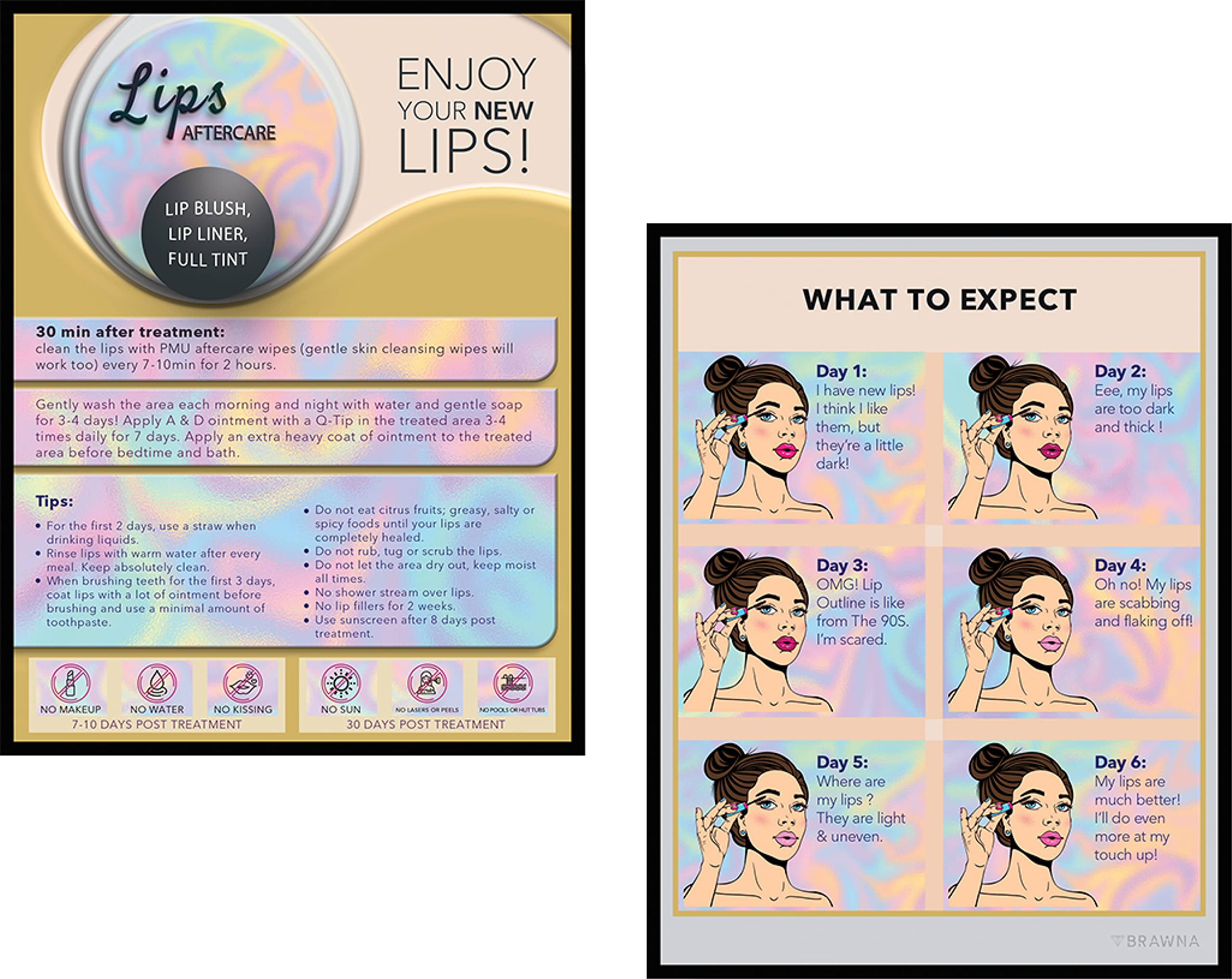 BRAWNA 50 Pack Lip Blush Aftercare Cards - Professional PMU Supplies for Lip Blushing - 5.5 x 4.25 Inches - Perfect for Tattoo Artists & Beauty Salons