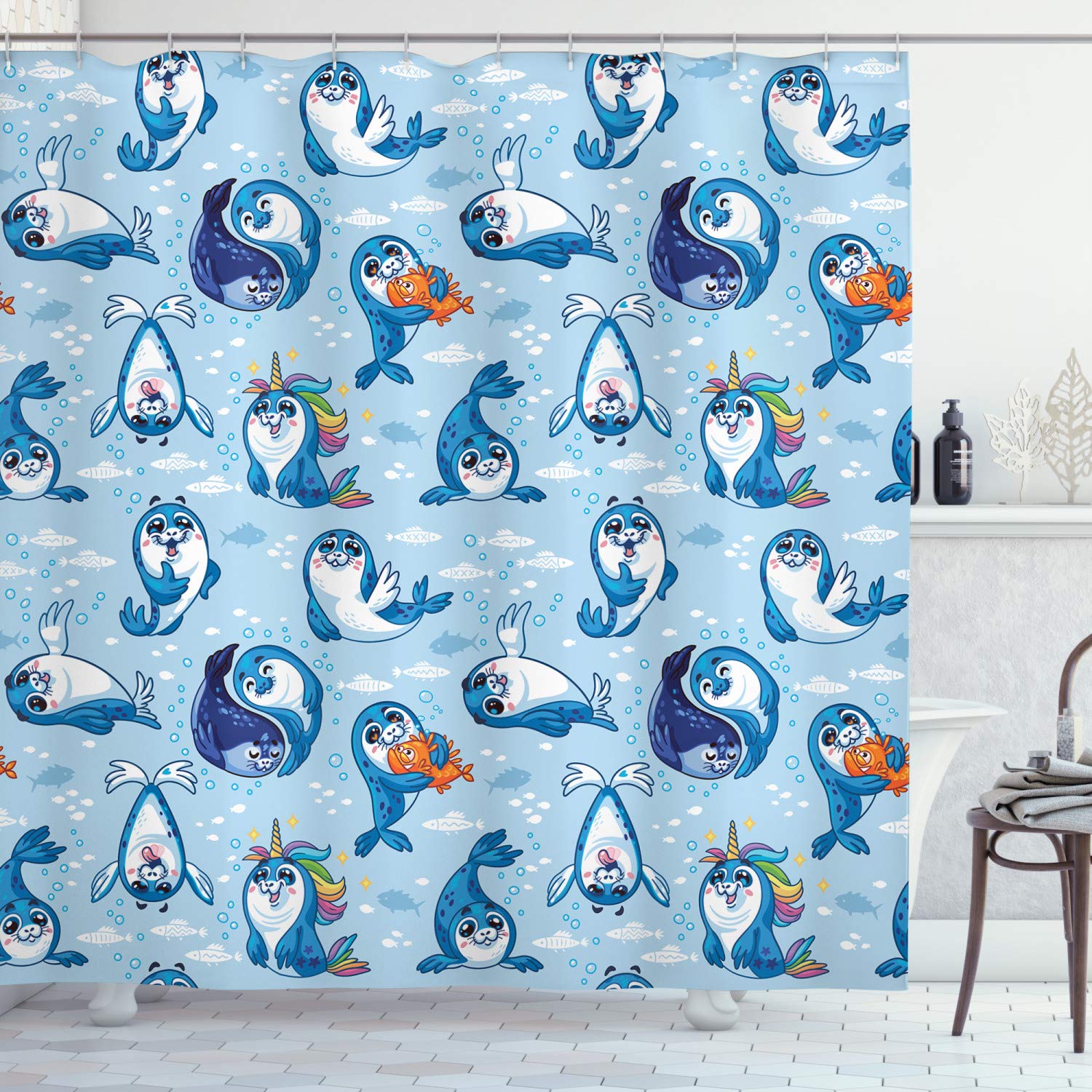 Ambesonne Waterproof Sea Animals Shower Curtain - Seal Pup & Aquatic Wildlife Design with Hugging Bubbles, 69