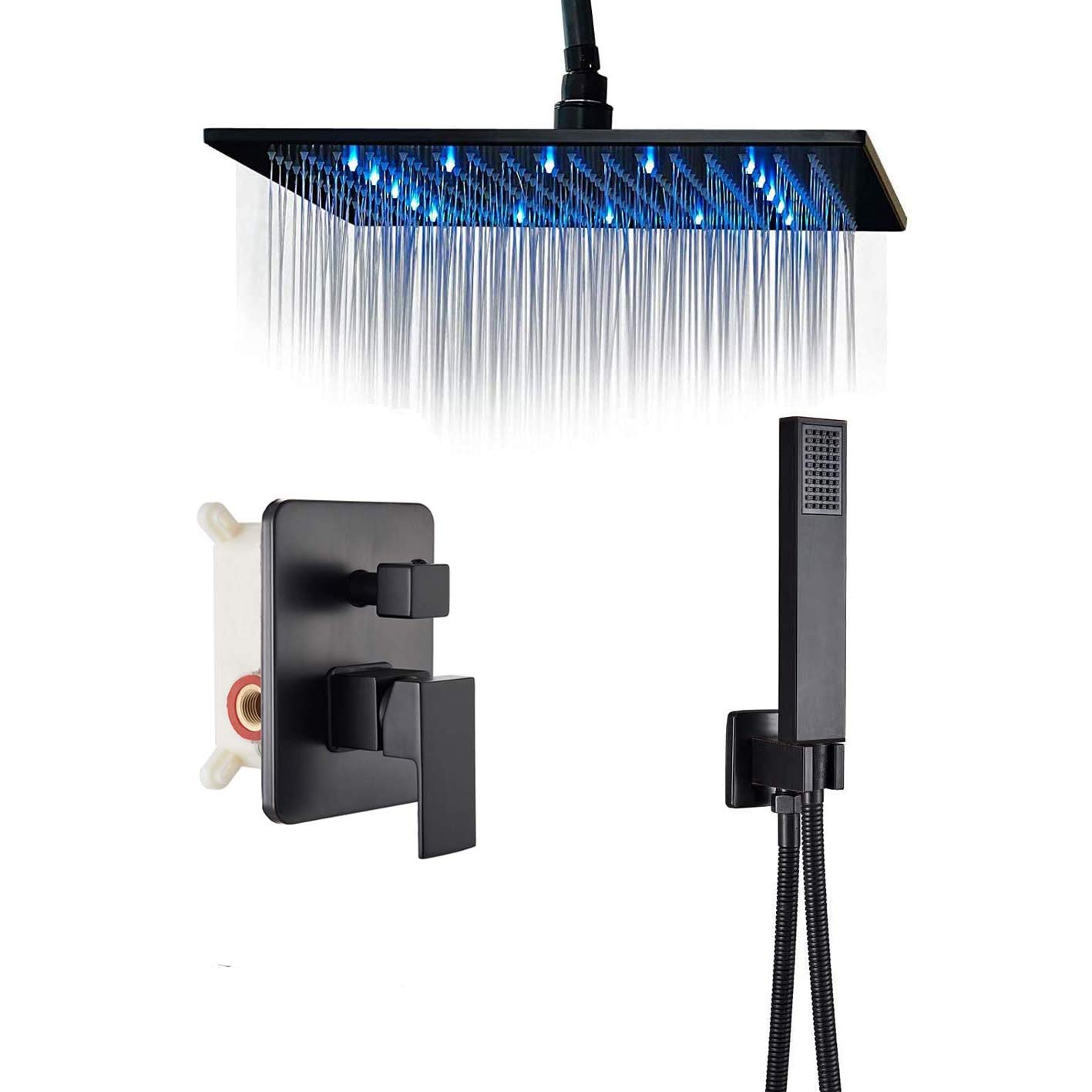 Rozin Black Rainfall LED Shower Head - 16 Inch Ceiling Mount Shower Faucet with Handheld Sprayer for Luxurious Spa-Like Bathroom Experience