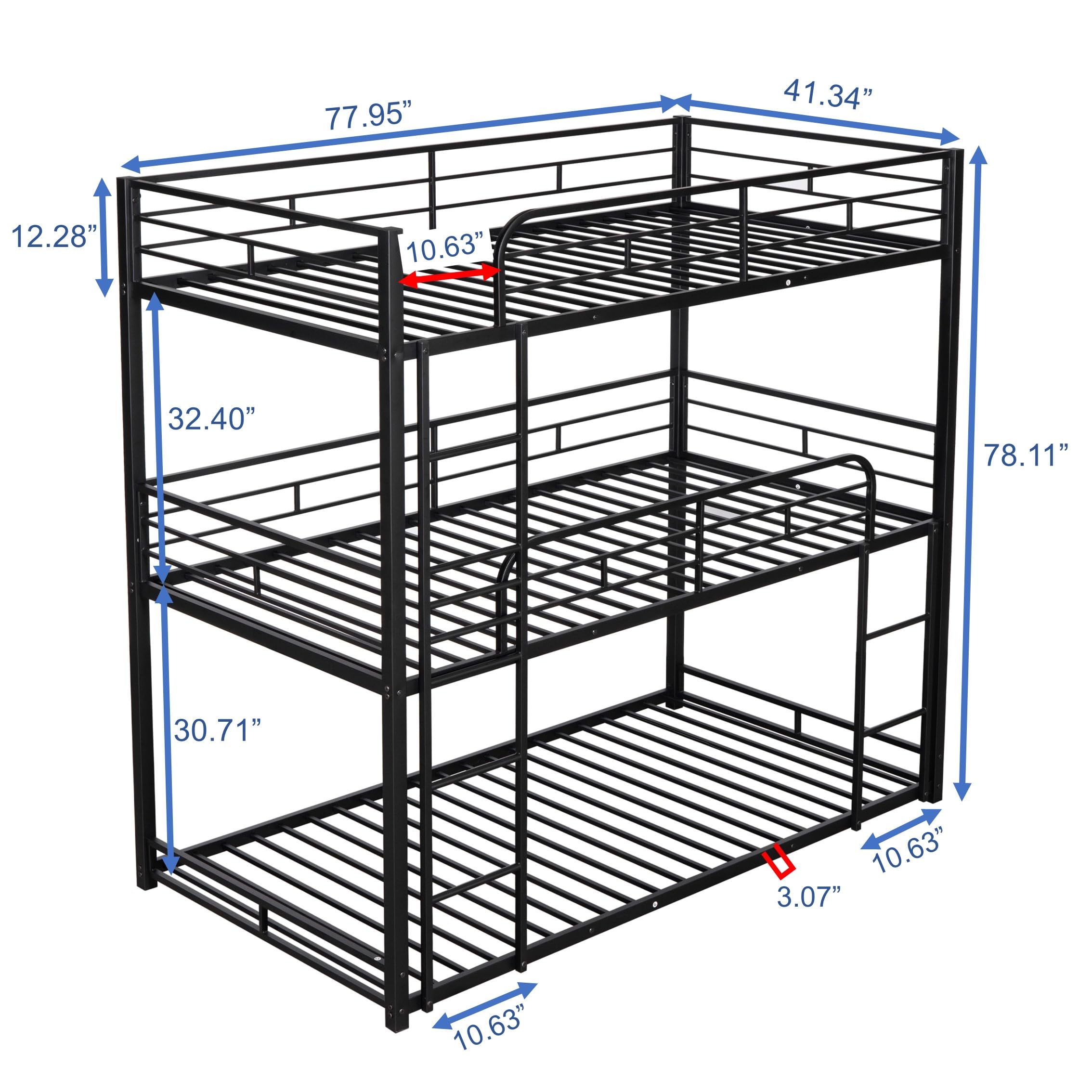 DNYN Twin Over Twin Over Twin Metal Bunk Bed with Built-in Ladder & Safety Guardrails - Space Saving Triple Bunk Bed for Kids, Teens & Adults - Perfect for Small Bedrooms, Dorms, Guest Rooms & Vacation Homes (Black)