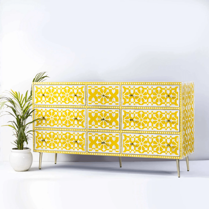 Handmade Moroccan Bone Inlay 9-Drawer Dresser - Yellow Vintage Storage Chest for Bedroom & Living Room | Solid Wood Furniture with Intricate Design | Perfect for Home Organization & Decor