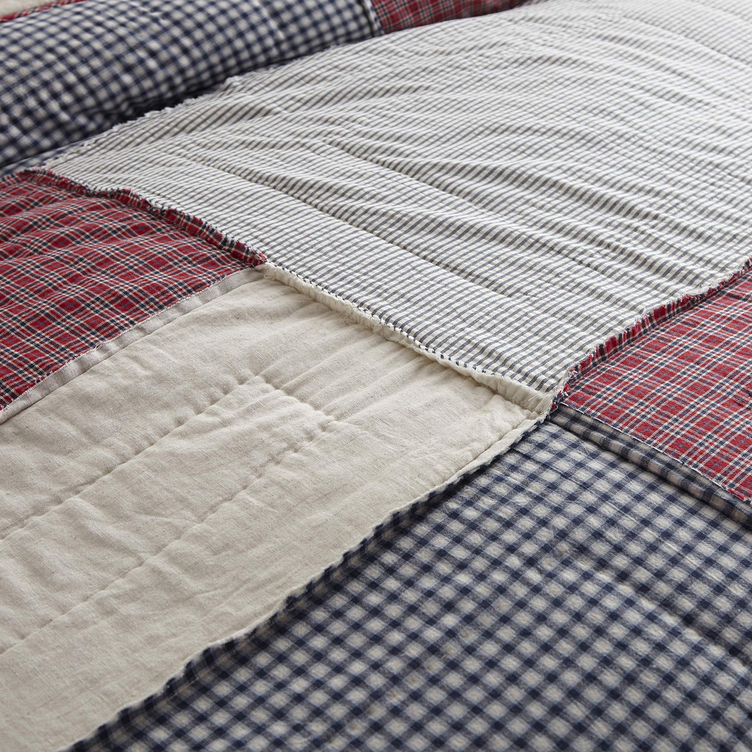 VHC Brands Hatteras Patch Patchwork Flax Cotton Linen Blend Bedding Set - Pre-Washed California King Quilt 130x115 Inches, Americana Red - Perfect for Farmhouse, Coastal & Rustic Home Decor
