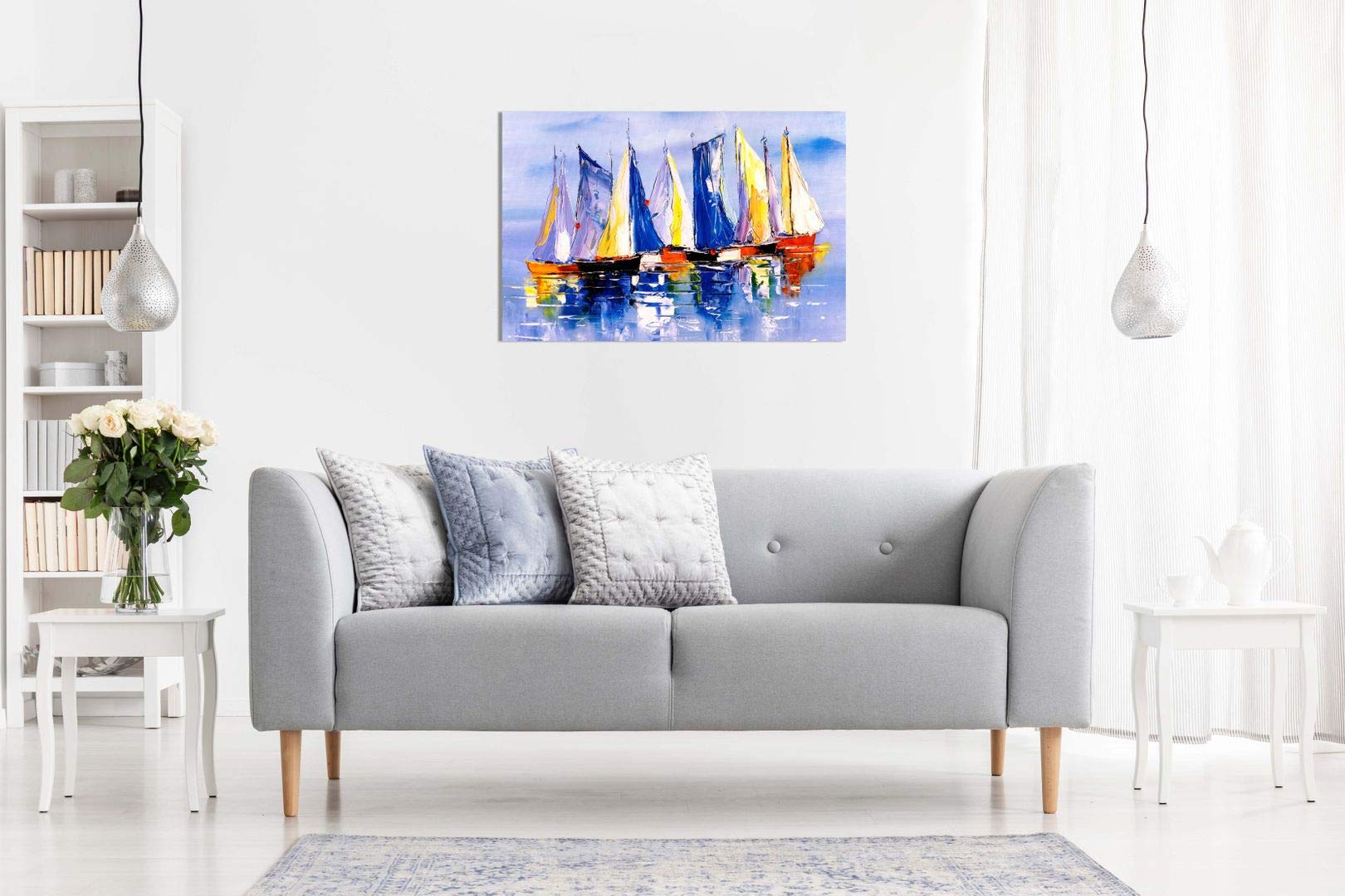 Boats in Sea Oil Painting Canvas Wall Art Print - 36x24 Inches - Nautical Decor for Living Room, Bedroom & Office