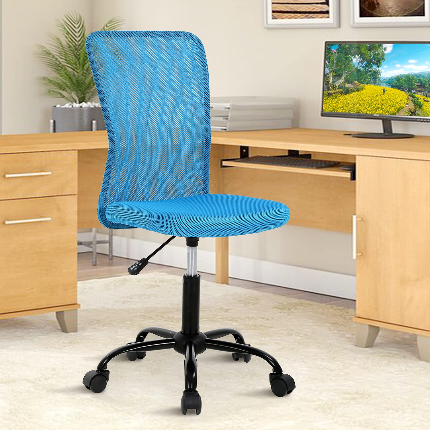 Ergonomic Home Office Chair - Mid Back Mesh Computer Desk Chair with Wheels, Height Adjustable Armless Task Chair for Small Spaces - Modern Student & Work from Home Chair (Blue) | Perfect for Remote Work, Online Classes & Compact Workspaces