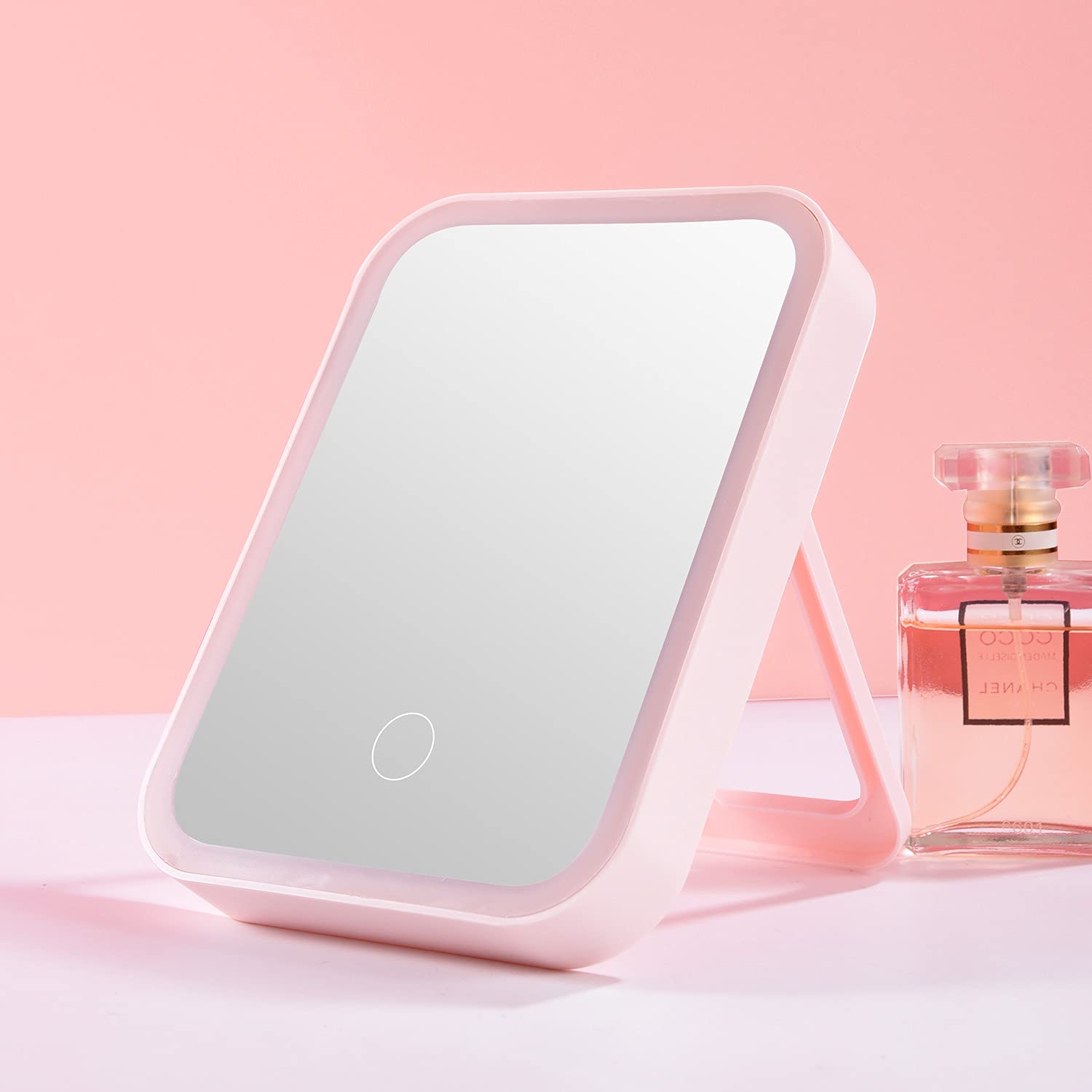 LED Makeup Mirror with Lights - 3 Color Lighting Modes, Touch Control, USB Rechargeable Vanity Mirror for Home & Travel | Portable Cosmetic Desk Mirror for Perfect Makeup Application (Pink)