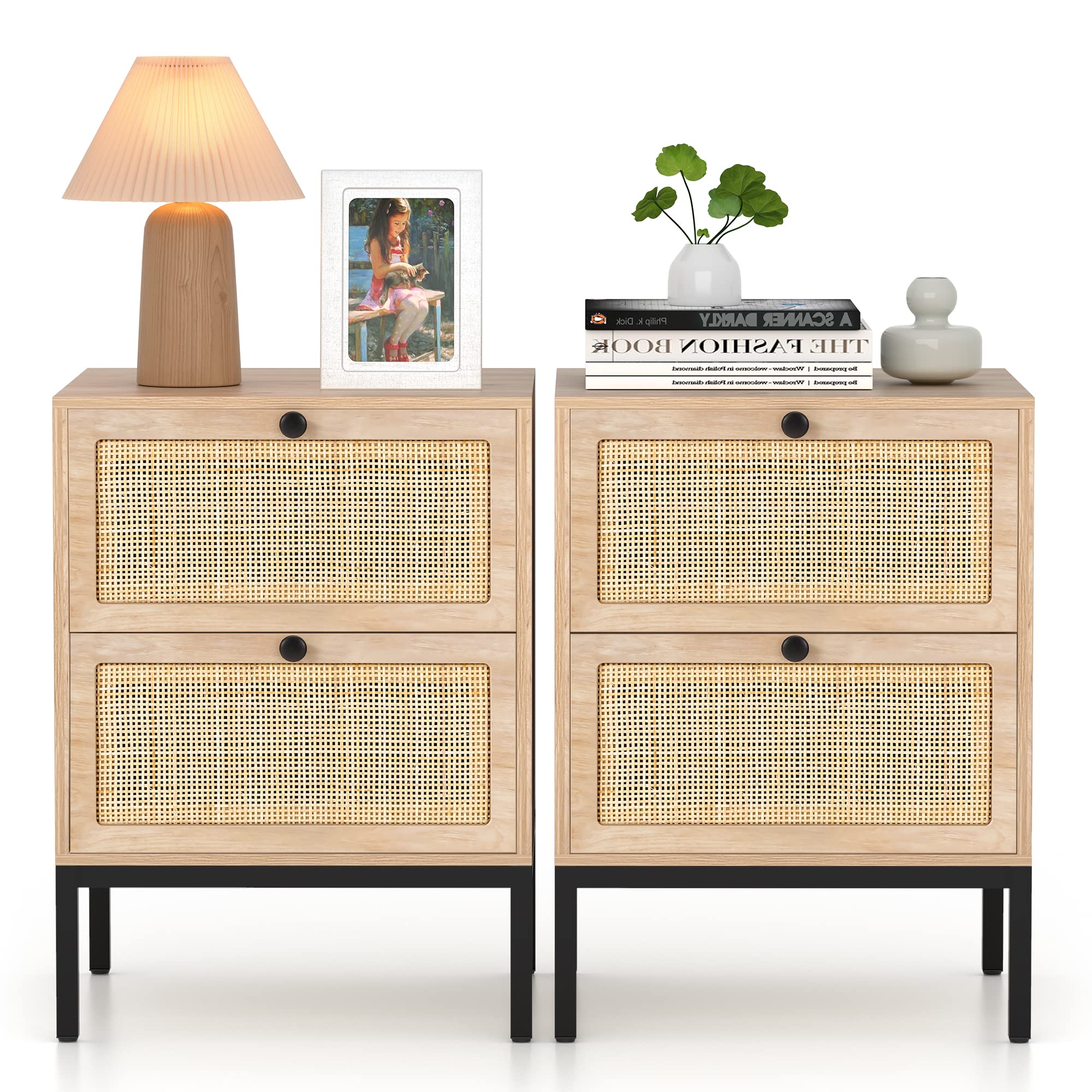 Natural Rattan Nightstand Set of 2 - Boho Bedside Tables with Drawers & Metal Legs, Cane End Tables for Bedroom & Living Room - Perfect for Small Spaces & Home Decor
