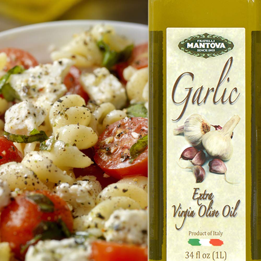 Premium Mantova Garlic Infused Extra Virgin Olive Oil (EVOO) - Cold-Pressed, Imported from Italy - 34 oz Glass Bottle (Pack of 2) - Perfect for Salads, Pasta, Vegetables & Bread Dipping - Great for Cooking, Grilling & Gourmet Recipes
