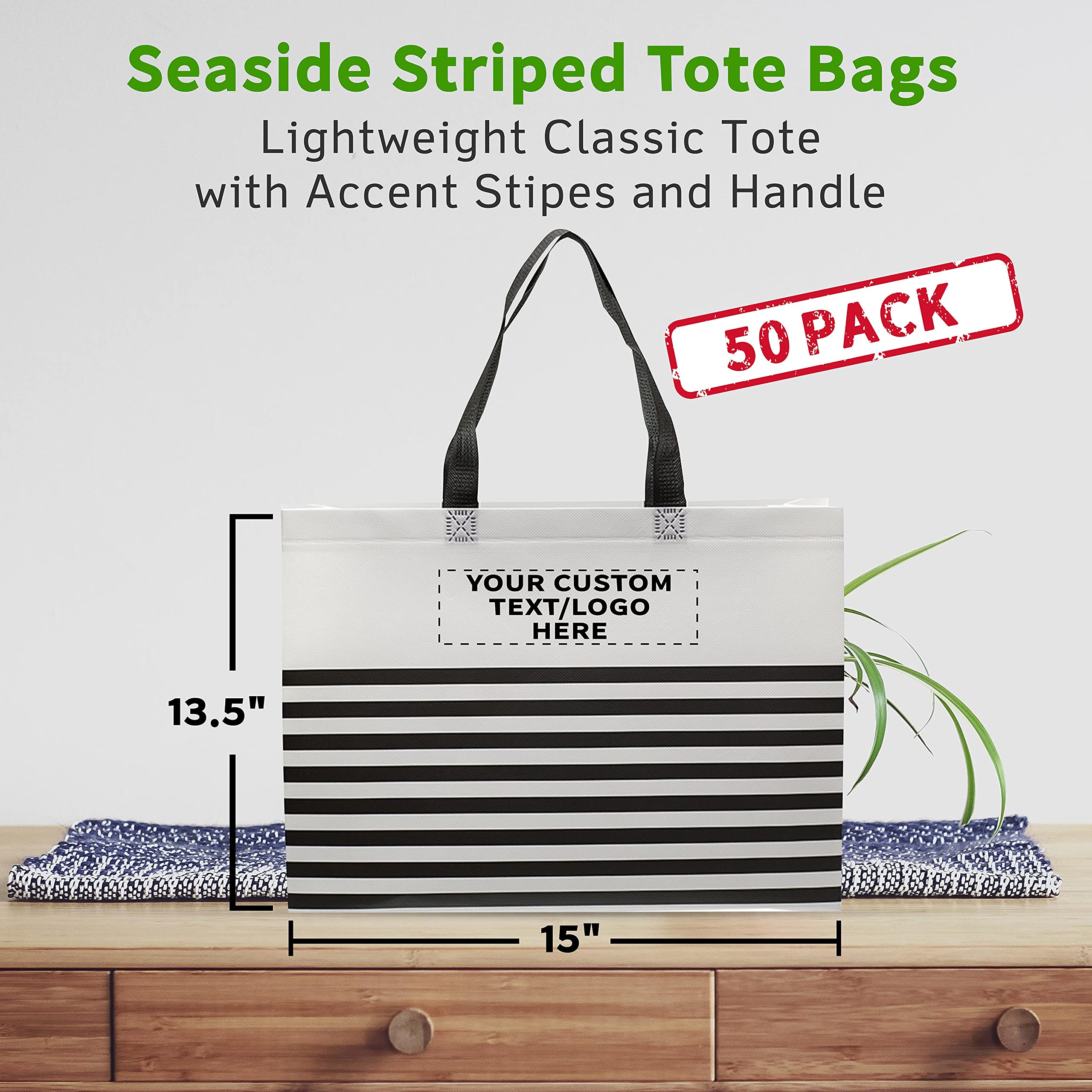 50 Pack Customizable Seaside Striped Tote Bags - Bulk Non-Woven Reusable Shopping Bags with Vibrant Prints for Beach, Grocery & Retail Use