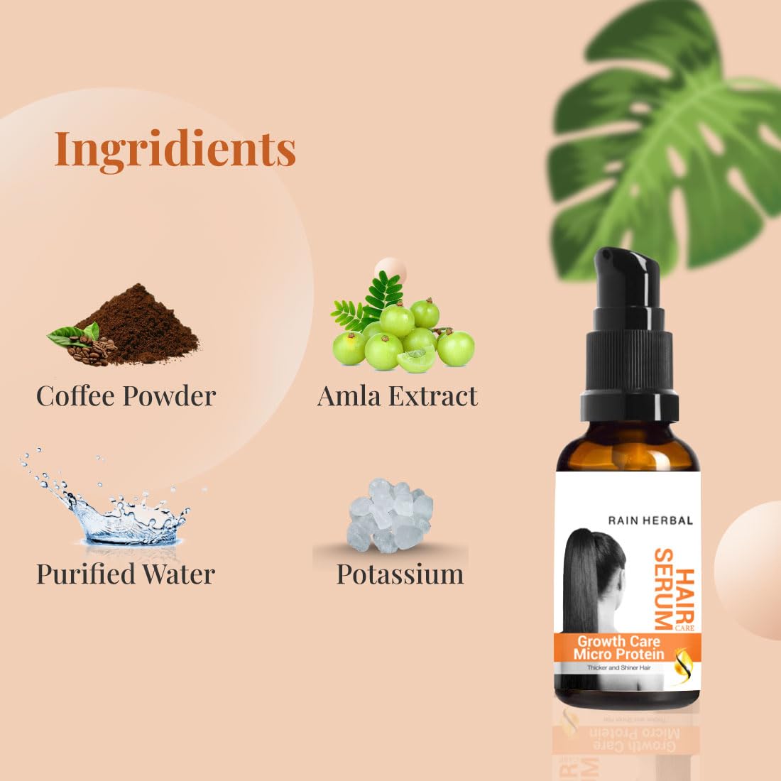 Rain Herbal Growth Care Micro Protein Hair Serum for Thicker & Shinier Hair | 30ml Natural Hair Treatment | Promotes Hair Growth & Reduces Breakage | Perfect for Daily Use, Styling & Damaged Hair Care